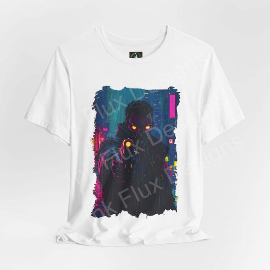 Unisex white T-shirt featuring a cyberpunk graphic with vibrant neon colors, available from Bella+Canvas, highlighting sustainable and ethical fashion.