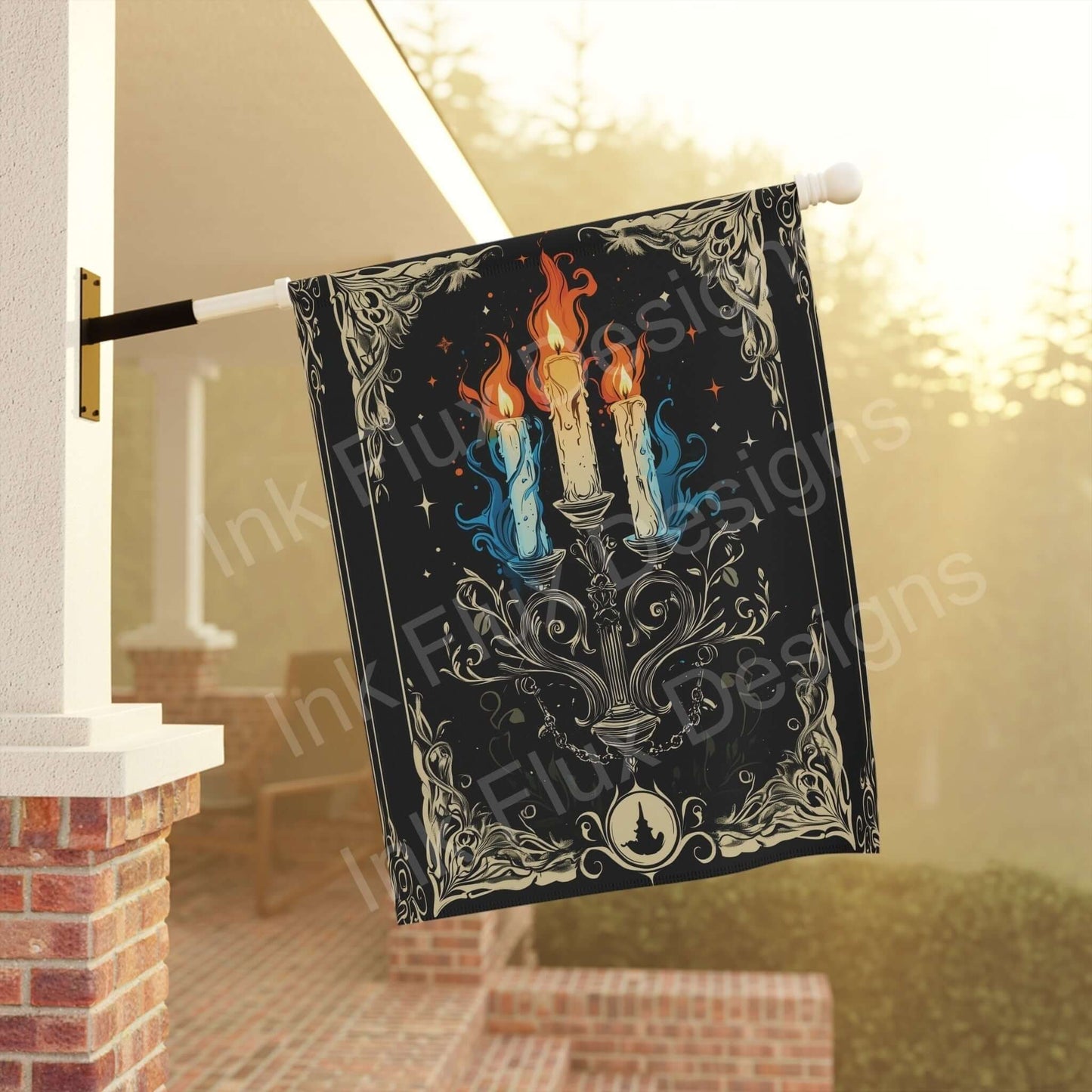 Halloween-themed garden banner featuring a candelabra design, displayed on a house pole, enhancing outdoor decor.