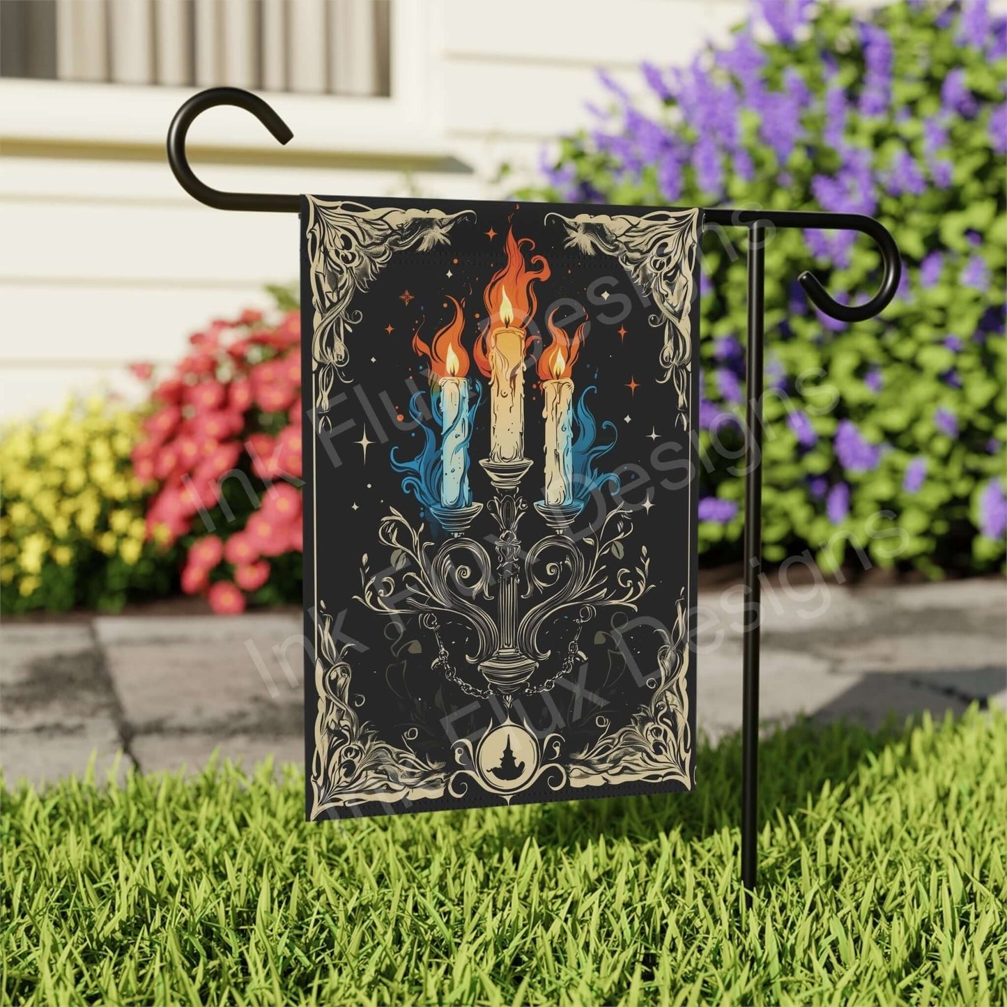 Halloween candelabra garden banner displayed outside, featuring a mystical three-candle design on a black background with ornate details, perfect for garden or house decoration.