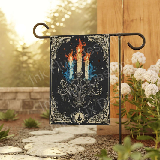 Gothic Halloween Banner featuring an ornate candelabra with colorful flames, perfect for outdoor autumn decor.