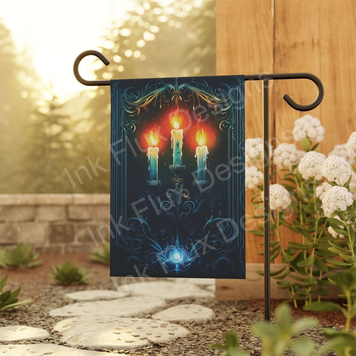 Halloween-themed candelabra design on a garden banner, displayed on a metal stand in a tranquil garden setting.