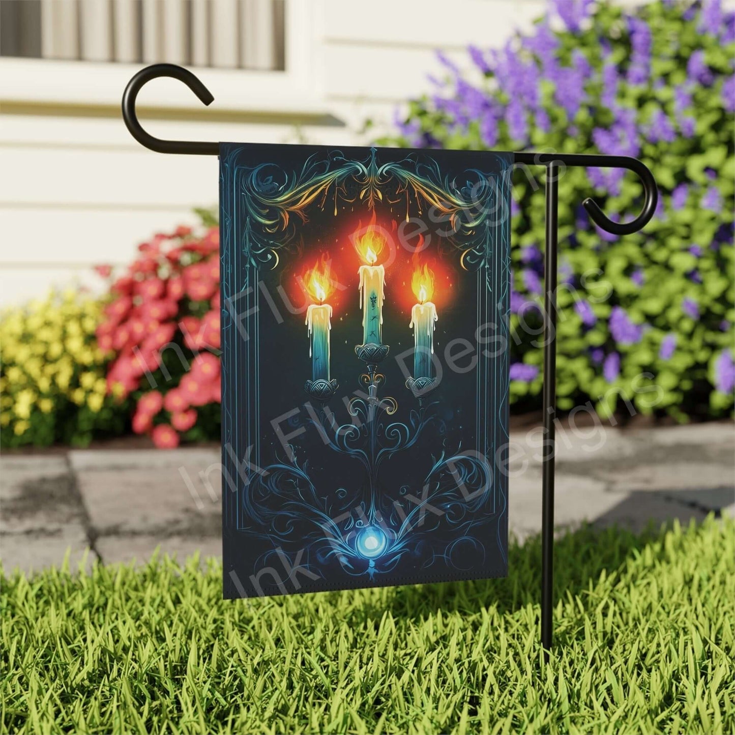 Halloween-themed garden banner featuring three glowing candles design, displayed on a stand in a lush garden setting, enhancing festive outdoor decor.