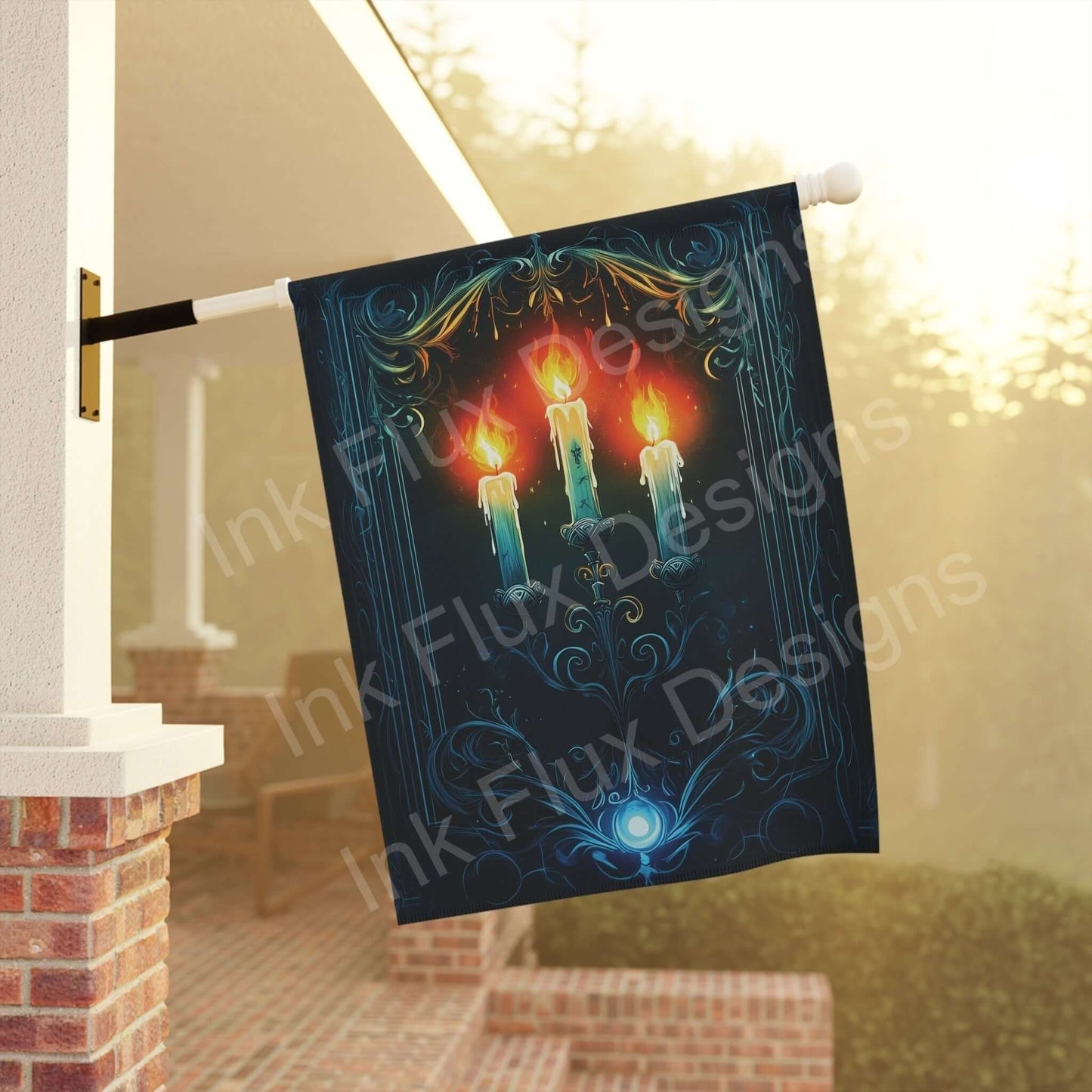 Halloween candelabra design on a decorative garden banner hanging outside a house, enhancing a festive atmosphere with intricate candle and flame details.