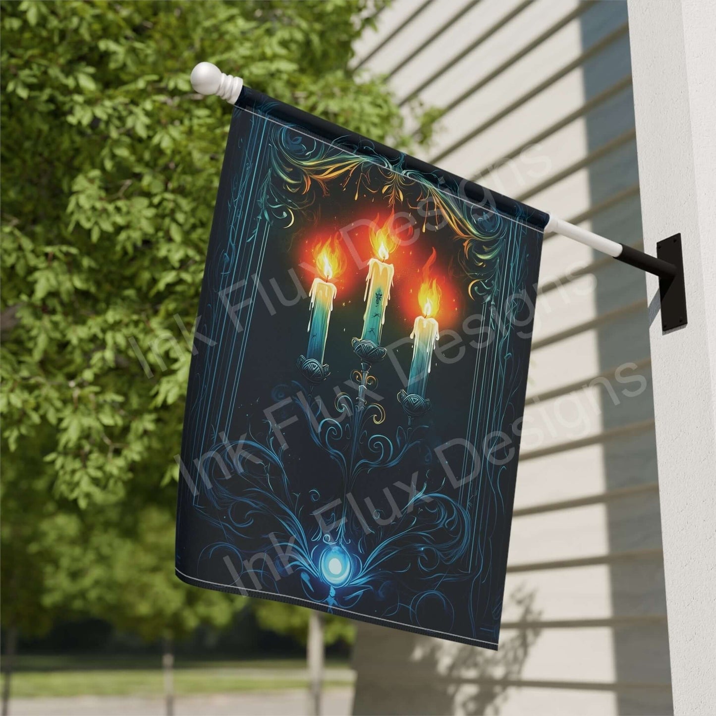 Halloween Candelabra II garden banner featuring glowing candles design, displayed on an outdoor pole beside a house and trees, enhancing garden decor.
