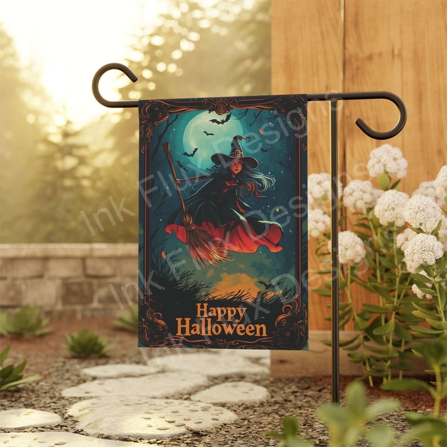 Happy Halloween banner featuring a witch flying on a broom, displayed in a garden with morning fog, enhancing festive decor.