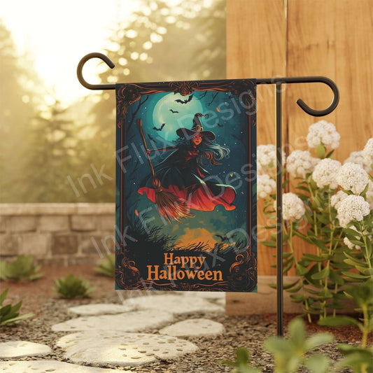 Witch Halloween Banner featuring a witch flying on a broomstick under a full moon, perfect for outdoor Halloween décor.