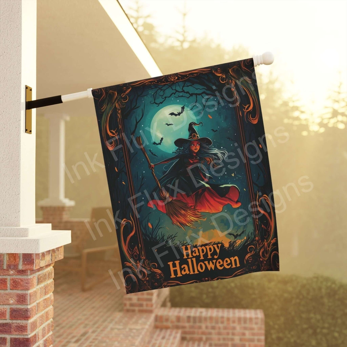 Halloween-themed garden banner featuring a witch flying on a broom against a moonlit sky, displayed on a house pole.