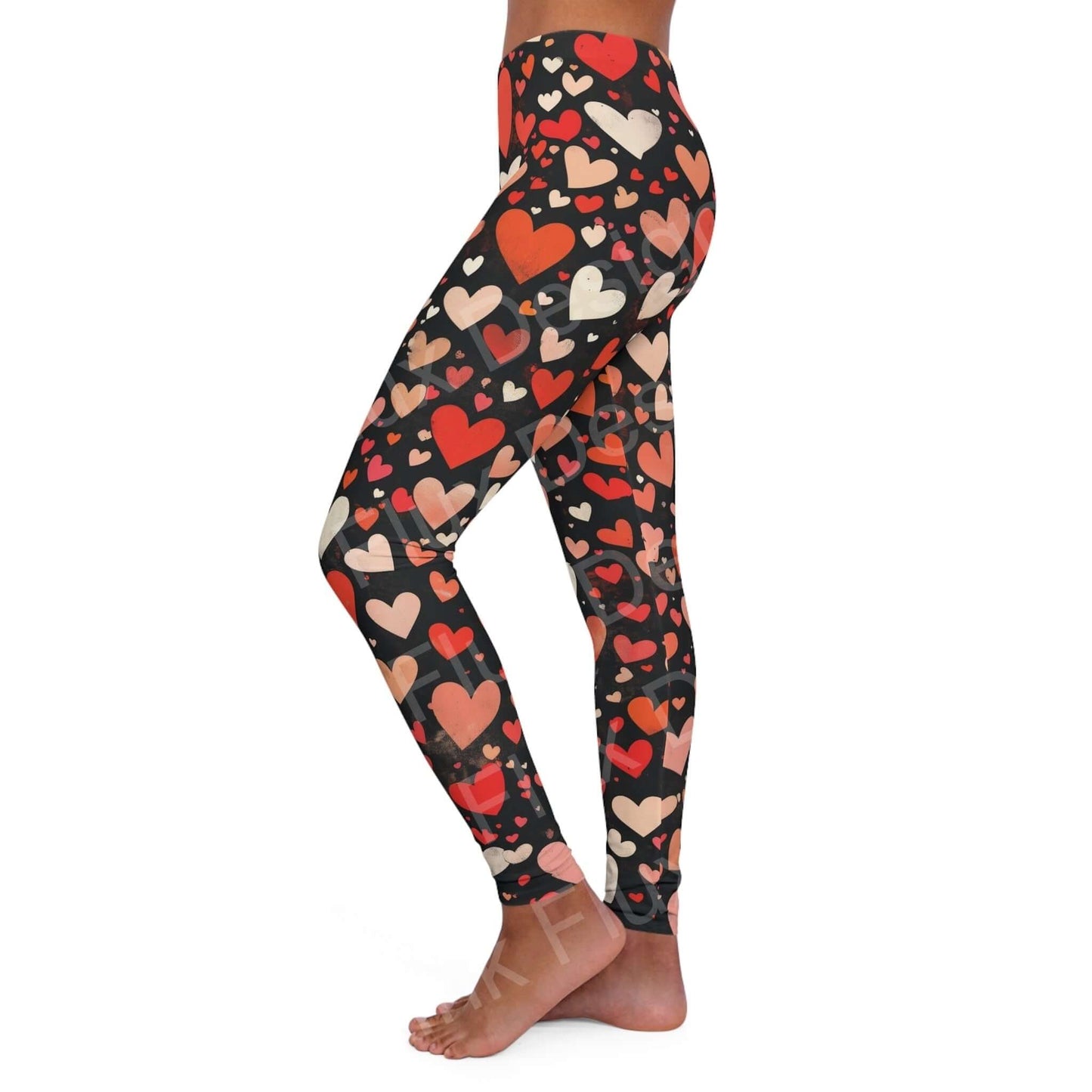 Woman wearing Hearts Collage Leggings with a side view, showcasing colorful heart patterns on stretchy fabric for athleisure.