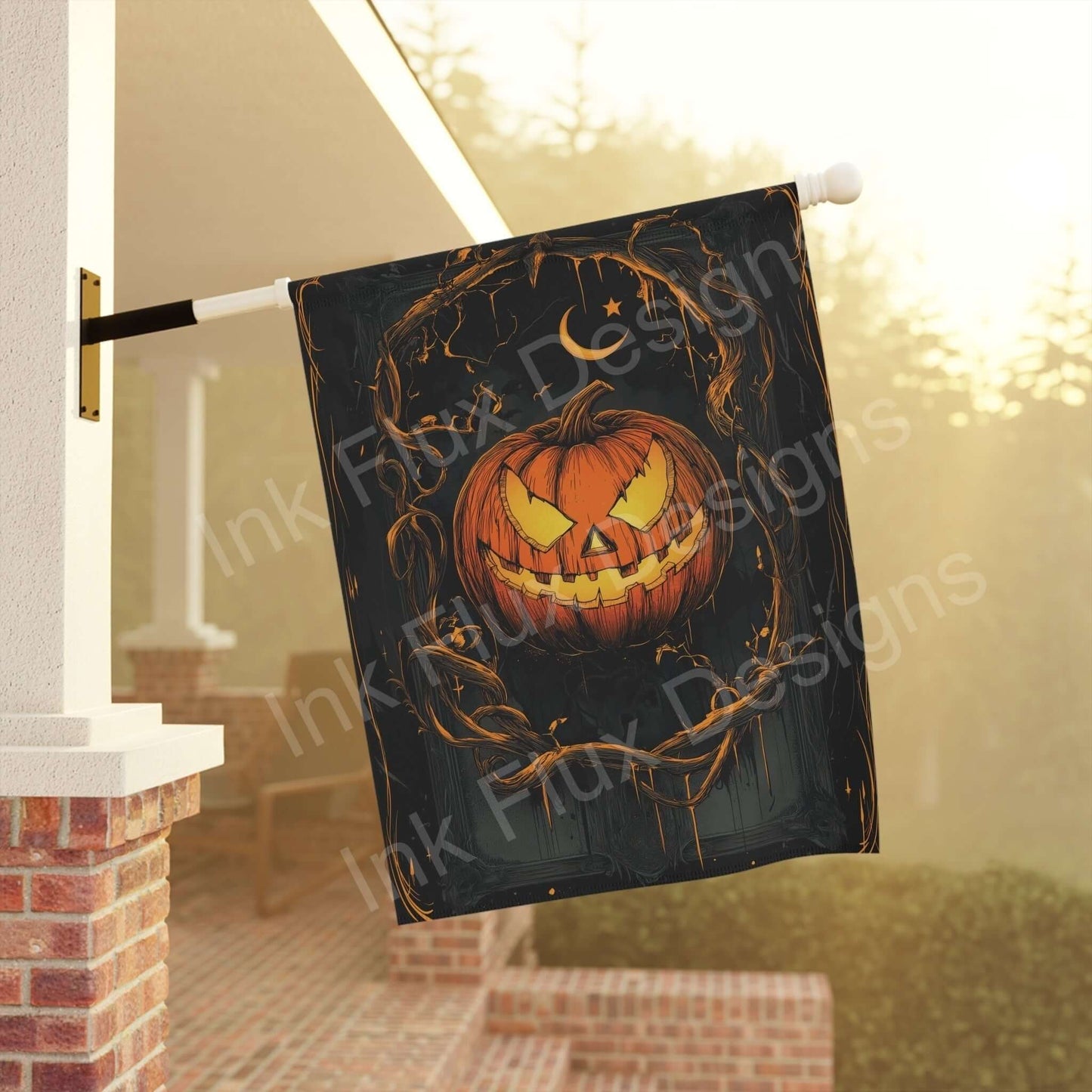 Halloween-themed garden banner featuring a Jack o' Lantern design, displayed on a house front, enhancing seasonal decor with a spooky ambiance.