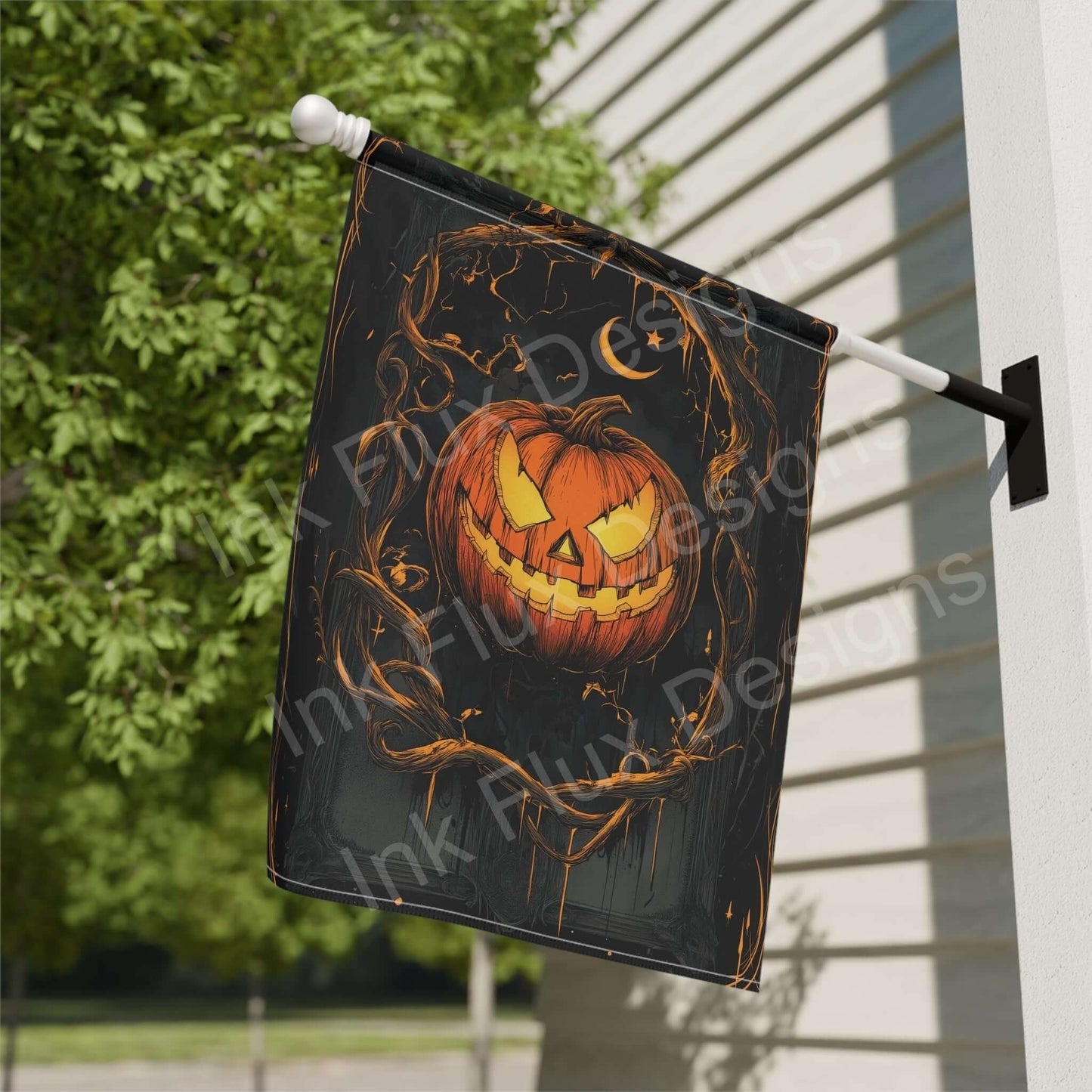 Halloween-themed Jack o' Lantern garden and house banner displayed outside, featuring vibrant pumpkin design on poly poplin-canvas fabric.