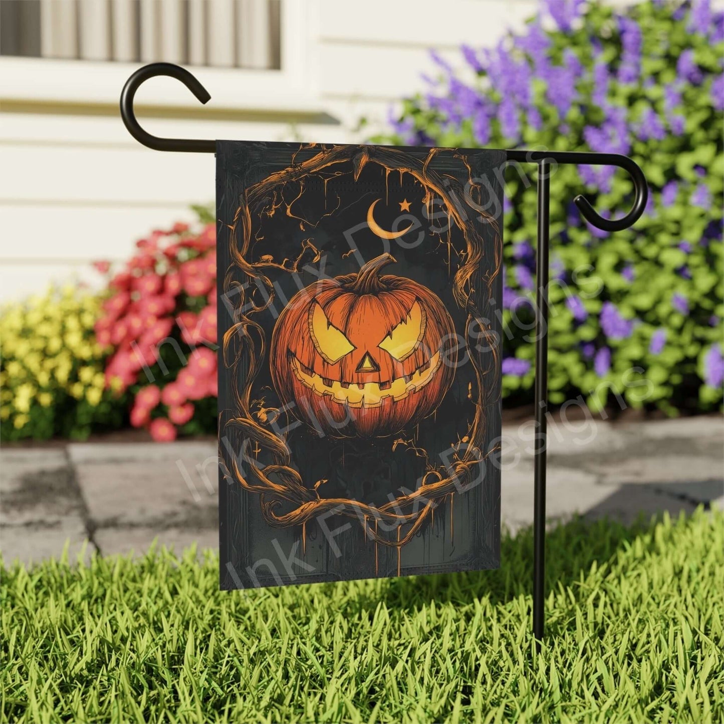 Halloween themed garden banner featuring a glowing Jack o' Lantern design, displayed in a home garden setting, enhancing the festive atmosphere.
