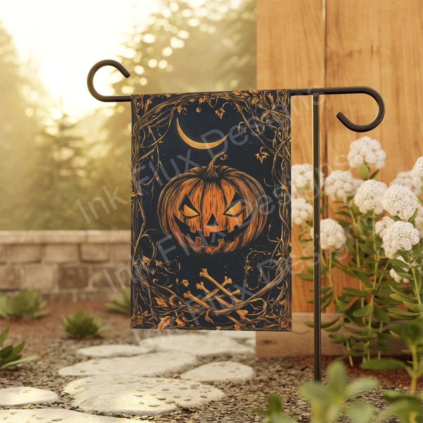 Halloween-themed Jack o' Lantern garden banner displayed on a metal stand in a serene garden setting, enhancing autumn decor.
