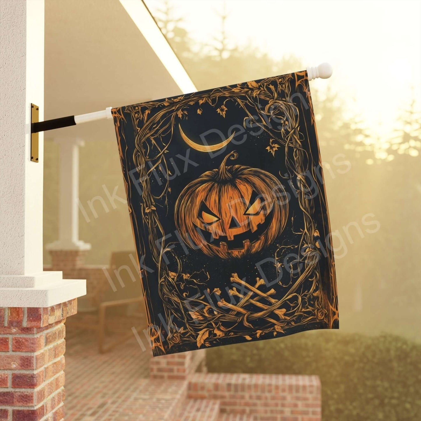Halloween themed Jack o Lantern II garden and house banner displayed outside a home, made of durable poly poplin-canvas fabric.