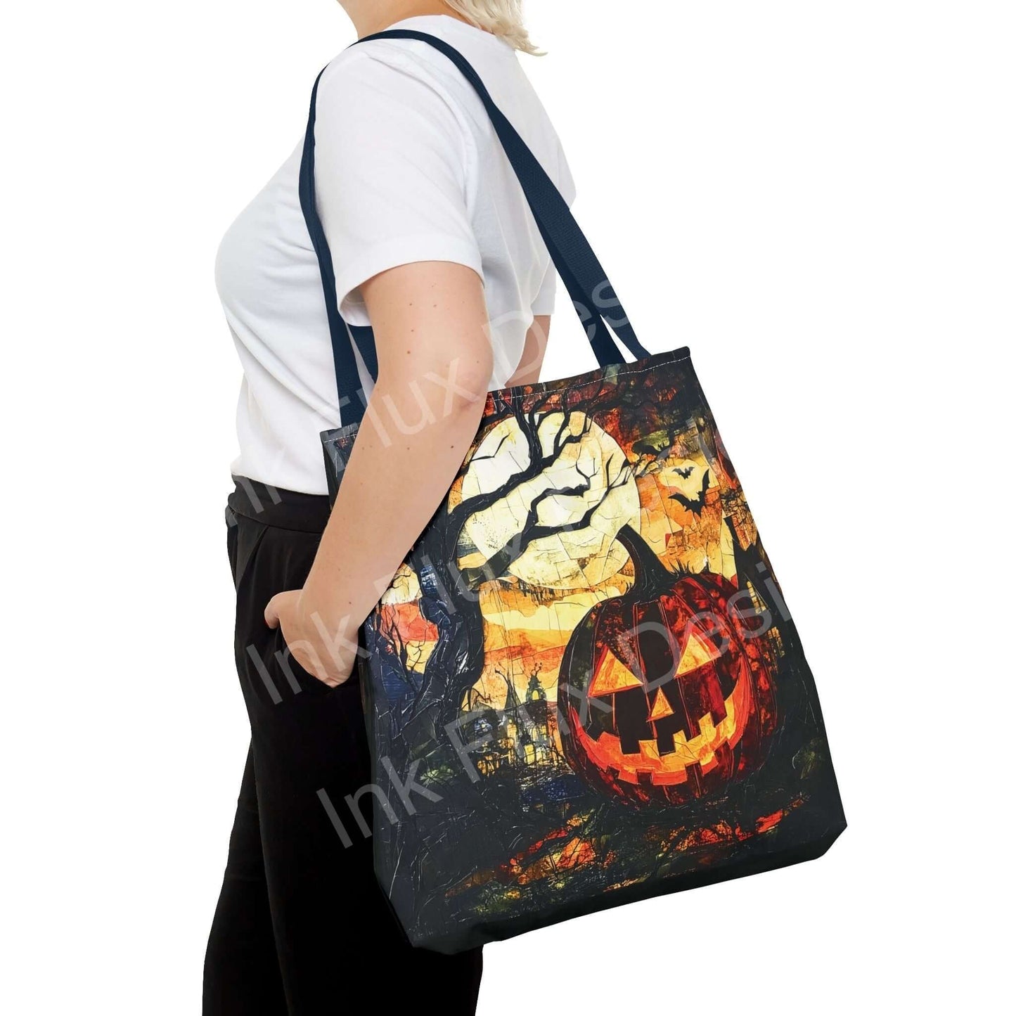 Woman carrying a Jack o' Lantern painting tote bag with vibrant Halloween design and blue handles, made of durable polyester.