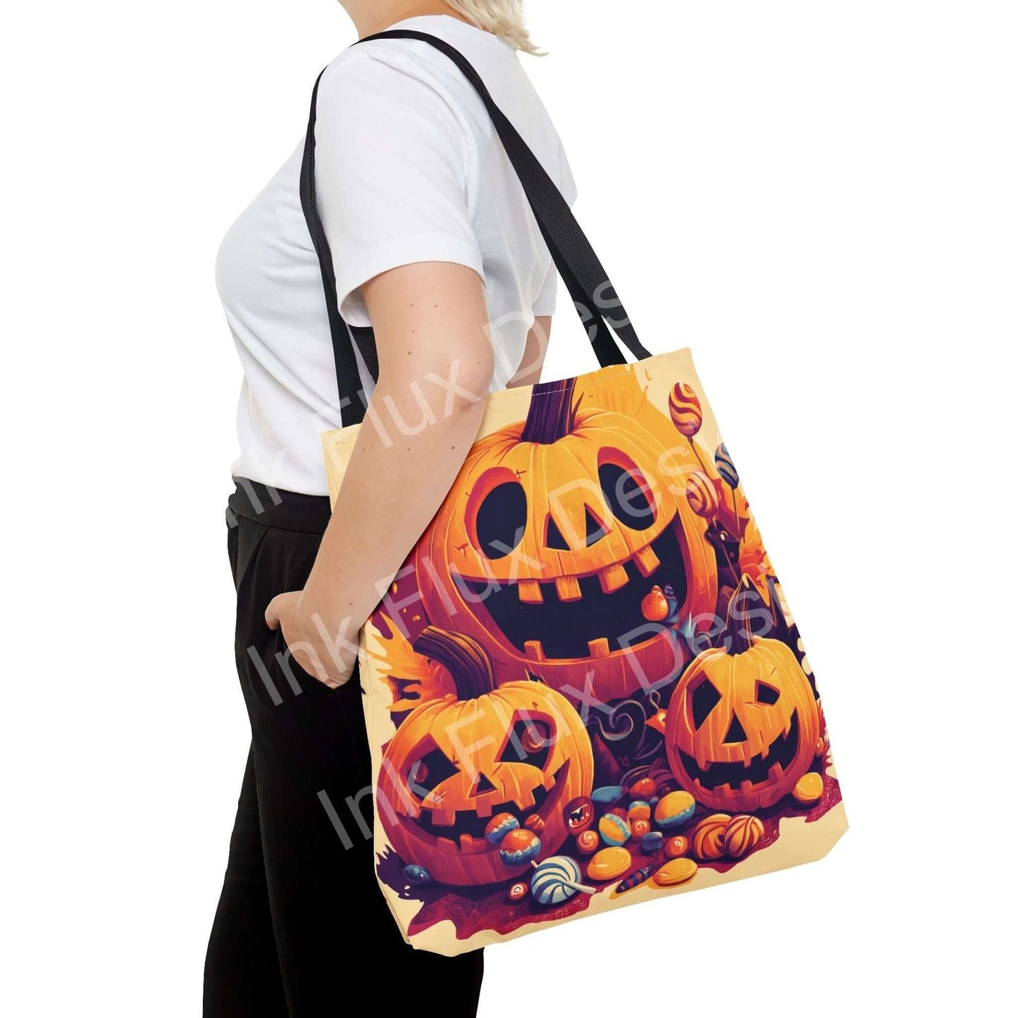 Woman carrying a Jack o' Lantern tote bag with vibrant all-over print design, featuring multiple colorful pumpkin graphics and candies.