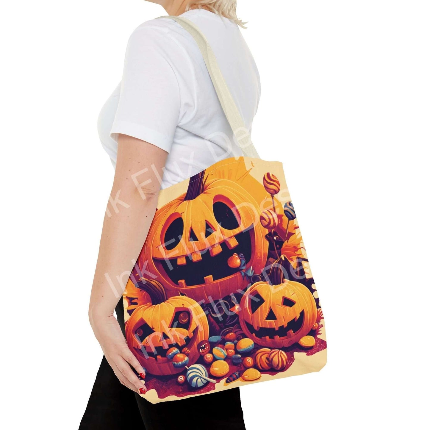 Woman carrying a Jack o Lantern tote bag with vibrant all-over pumpkin print and candy design, featuring sturdy handles