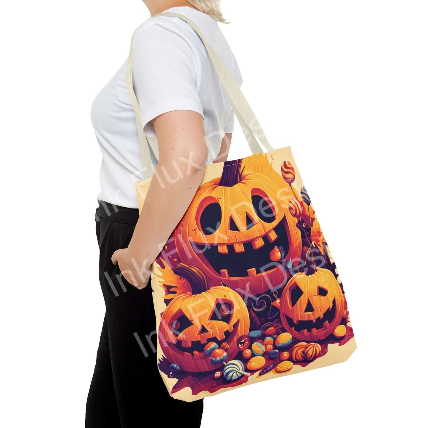 Woman carrying a tote bag with vibrant all-over Jack o Lantern print, showcasing multiple pumpkins and candies, perfect for Halloween.