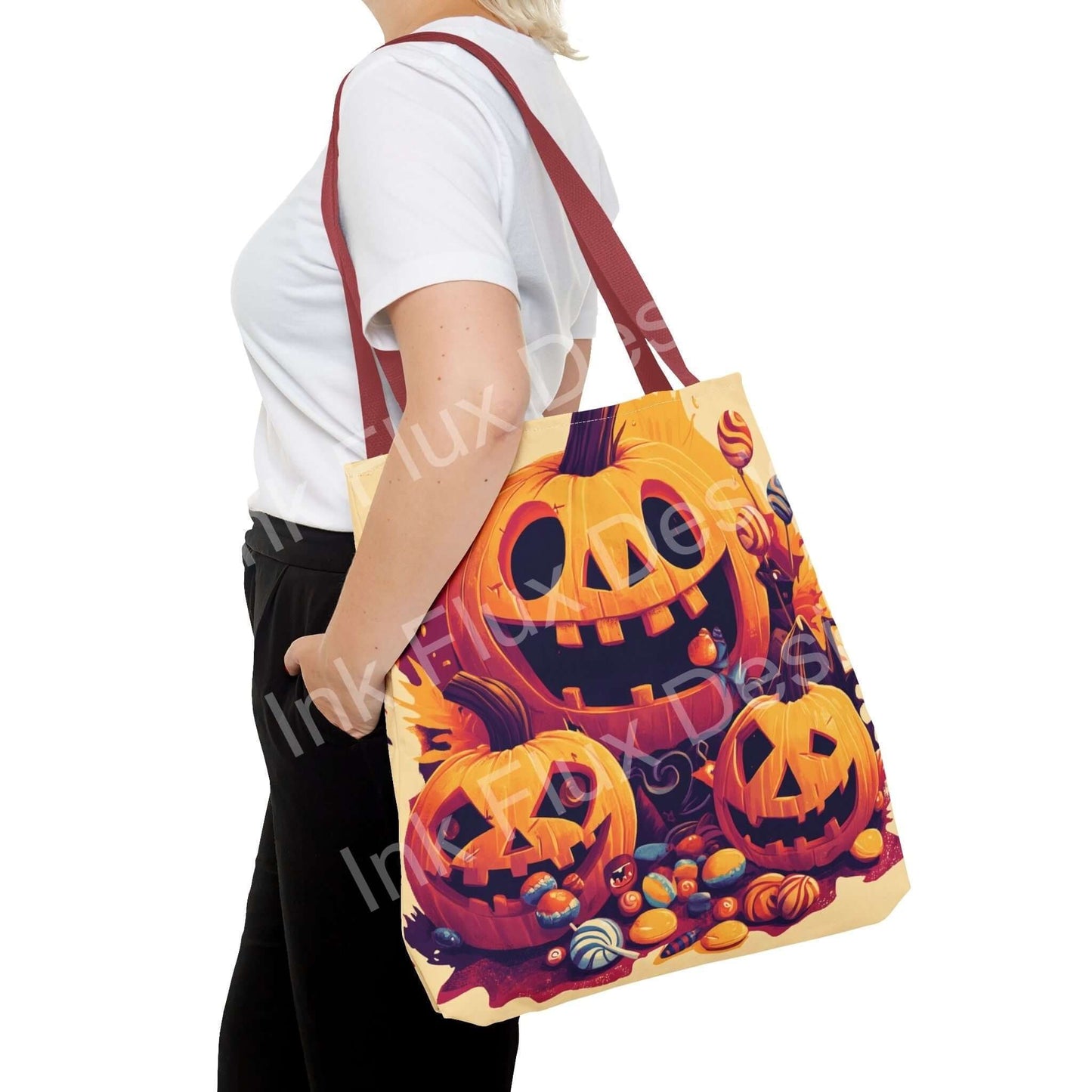 Woman carrying a Jack o Lantern tote bag featuring vibrant all-over pumpkin print and red straps, perfect for Halloween.