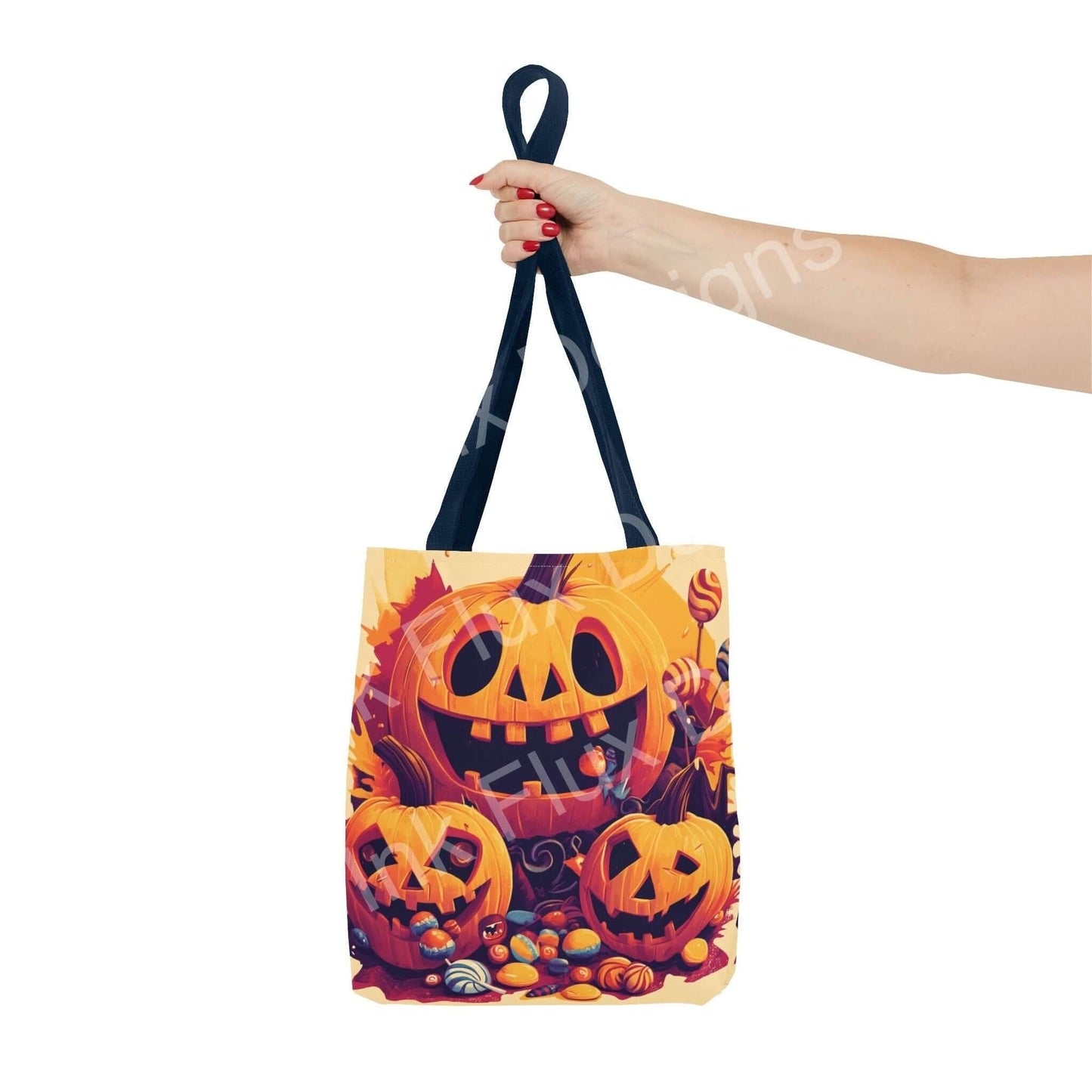 Woman holding a Jack o Lantern tote bag with colorful Halloween design, featuring pumpkins and candies, durable polyester material.