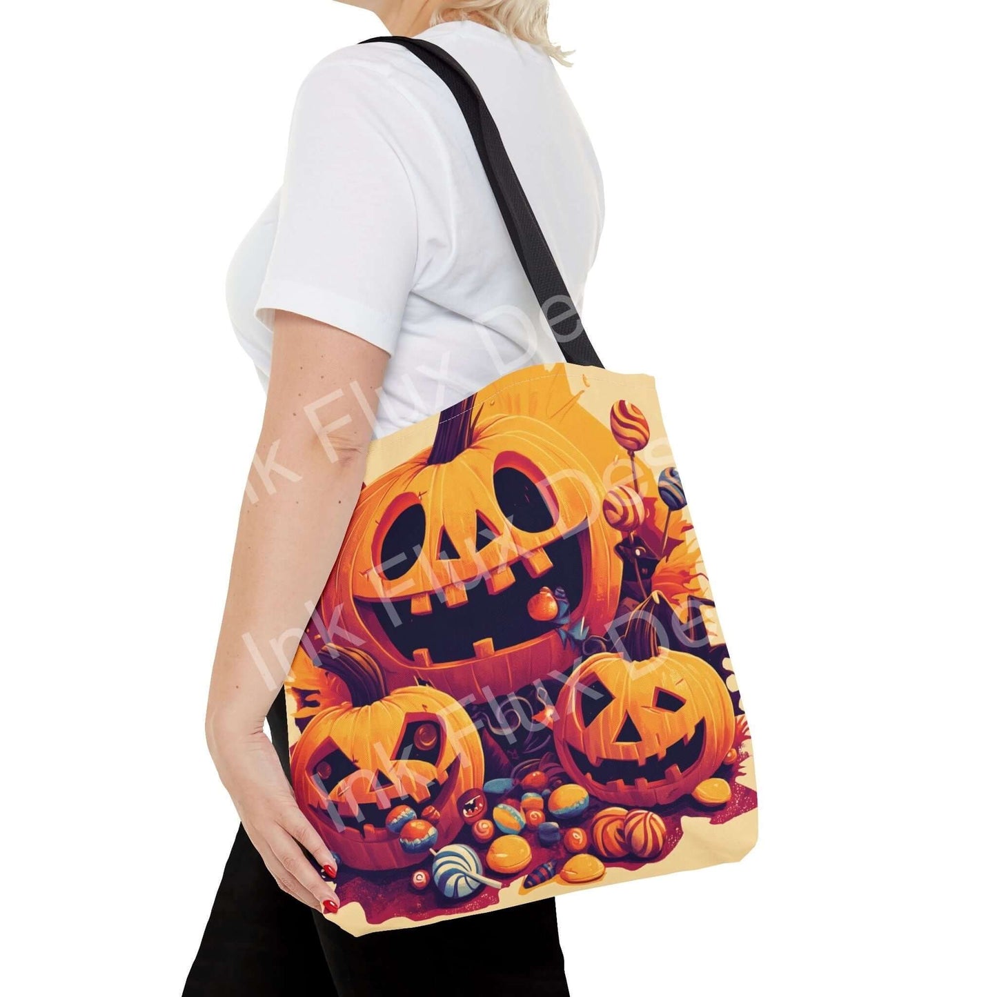 Woman carrying a Jack o Lantern tote bag with vibrant all-over print design, showcasing multiple Halloween pumpkins and candies.