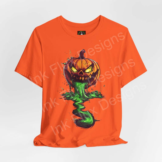 Orange Halloween graphic tee featuring a vibrant Jack o' Lantern slime design on Airlume cotton fabric, ideal for festive occasions.