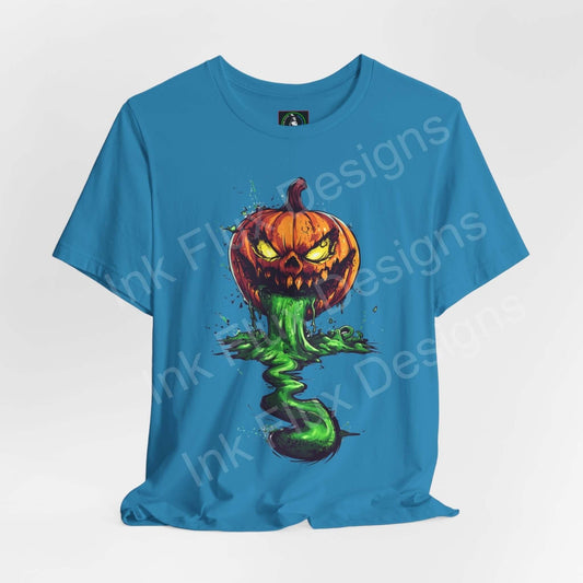 Halloween-themed graphic tee featuring a vibrant Jack o' Lantern slime design on a blue unisex jersey T-shirt.
