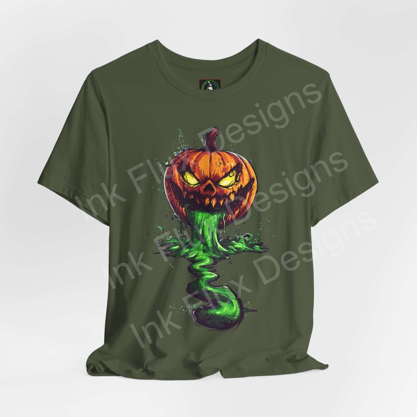 Green Halloween-themed T-shirt featuring a graphic design of a Jack o' Lantern slime, ideal for both comfort and style.