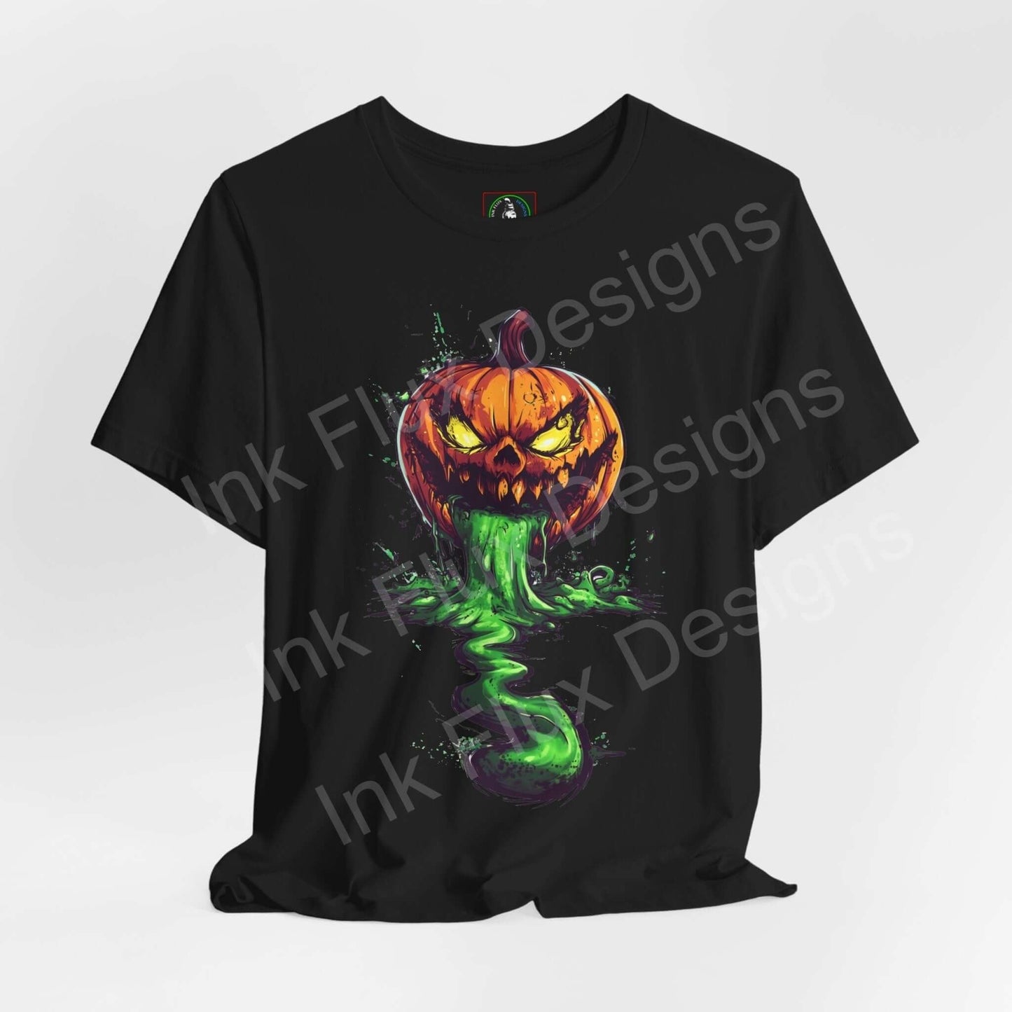 Black Halloween T-shirt featuring a vibrant Jack o' lantern slime graphic design, perfect for festive occasions.
