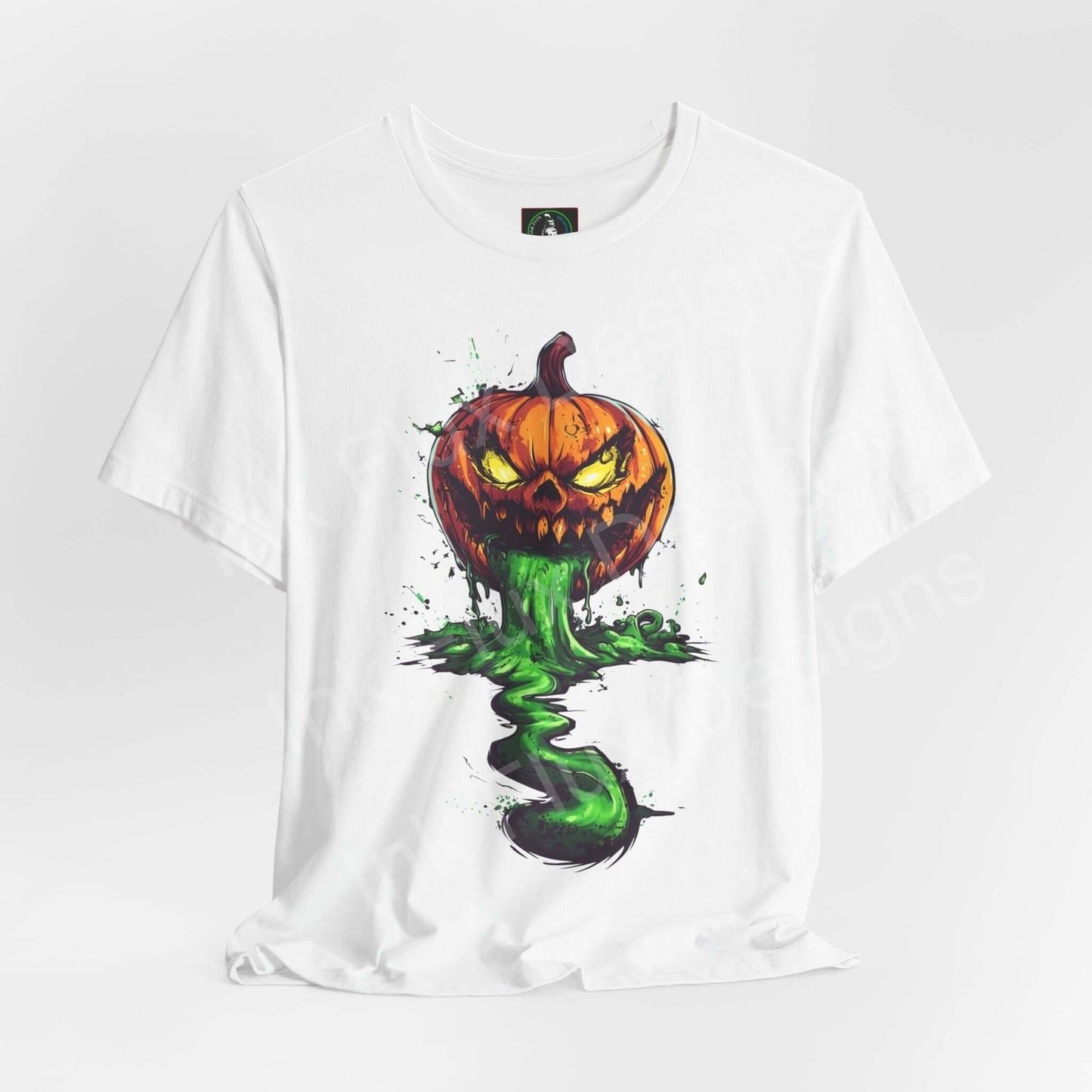 Halloween-themed Jack o' lantern slime graphic tee on a white unisex T-shirt, featuring high-quality print and comfortable fit.