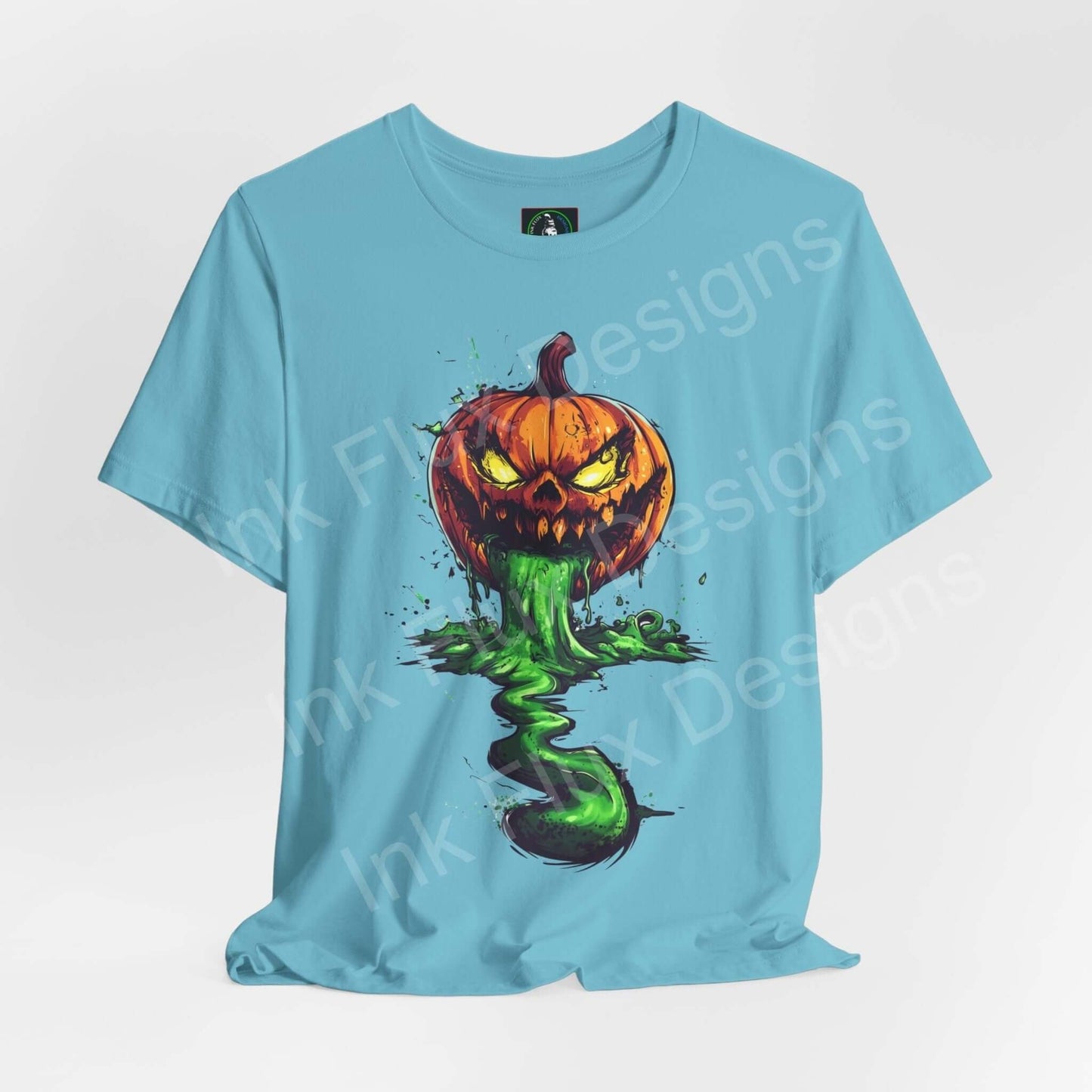 Light blue unisex T-shirt featuring a vibrant Jack o' Lantern slime graphic, perfect for Halloween.