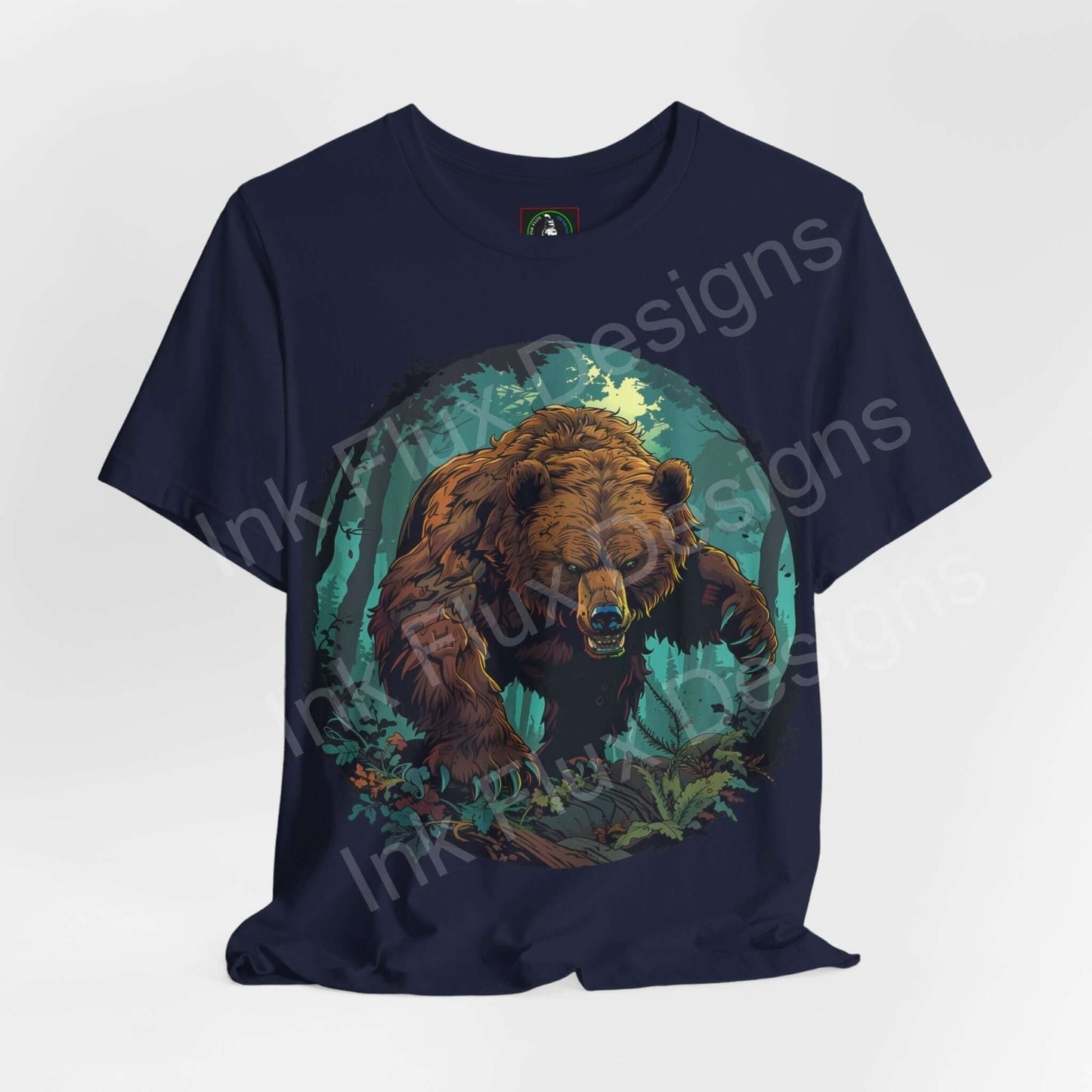 Navy blue unisex Kodiak bear graphic tee featuring a vibrant, detailed bear design with forest elements, ideal for fans of spirit animals and animal-themed Tees.