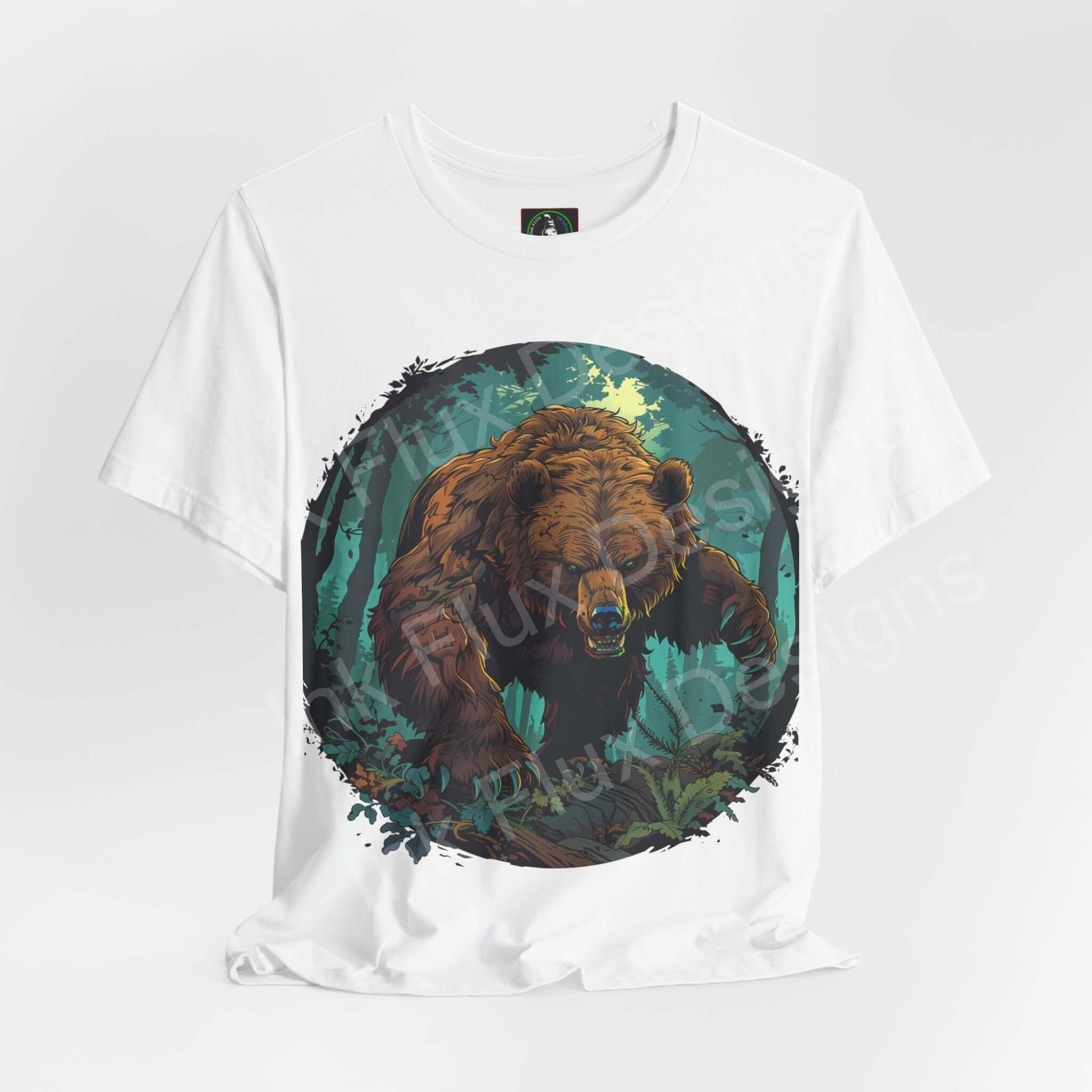 "Graphic tee featuring a Kodiak bear design, ethically made unisex white T-shirt by Bella+Canvas, ideal for lovers of spirit animals and nature."
