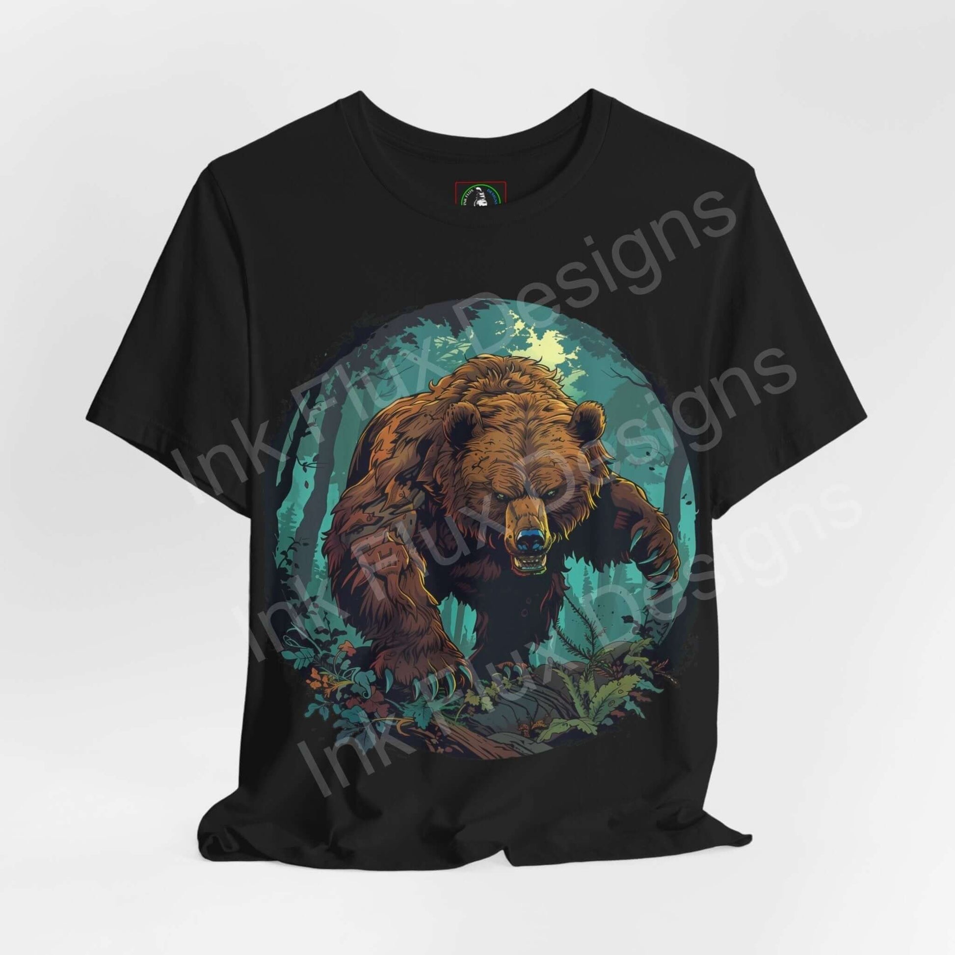 Unisex black T-shirt featuring a graphic design of a Kodiak bear amid lush foliage, from the spirit animals collection by Bella+Canvas.