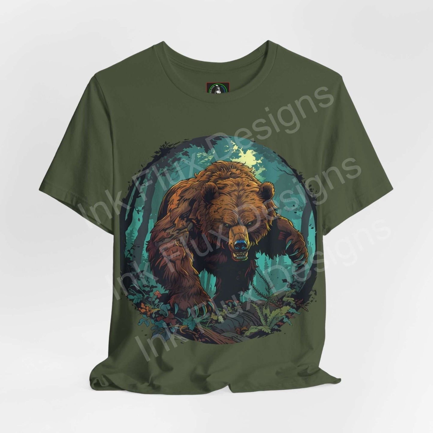 Green Kodiak Bear graphic tee featuring a detailed bear design amid nature, perfect for fans of spirit animals and stylish T-shirts.