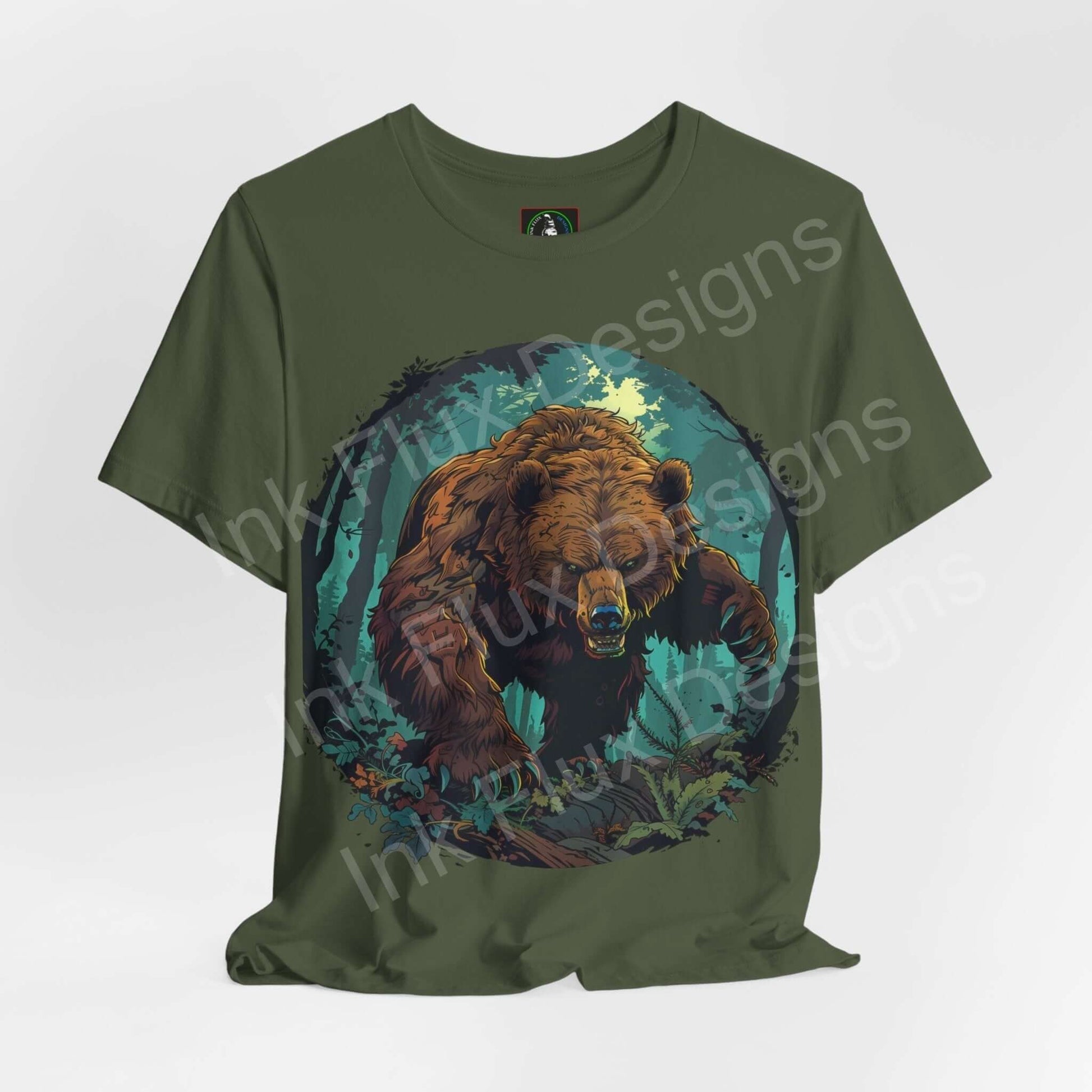 Green Kodiak Bear graphic tee featuring a detailed bear design amid nature, perfect for fans of spirit animals and stylish T-shirts.