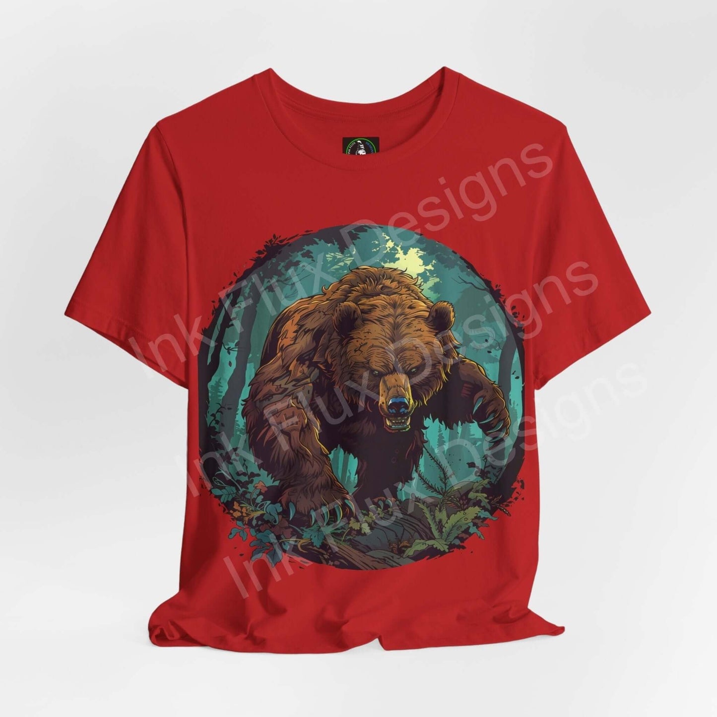 Red unisex Kodiak Bear graphic tee with detailed bear design, soft Airlume cotton fabric, showcasing eco-friendly and ethically made qualities, perfect for spirit animal enthusiasts.