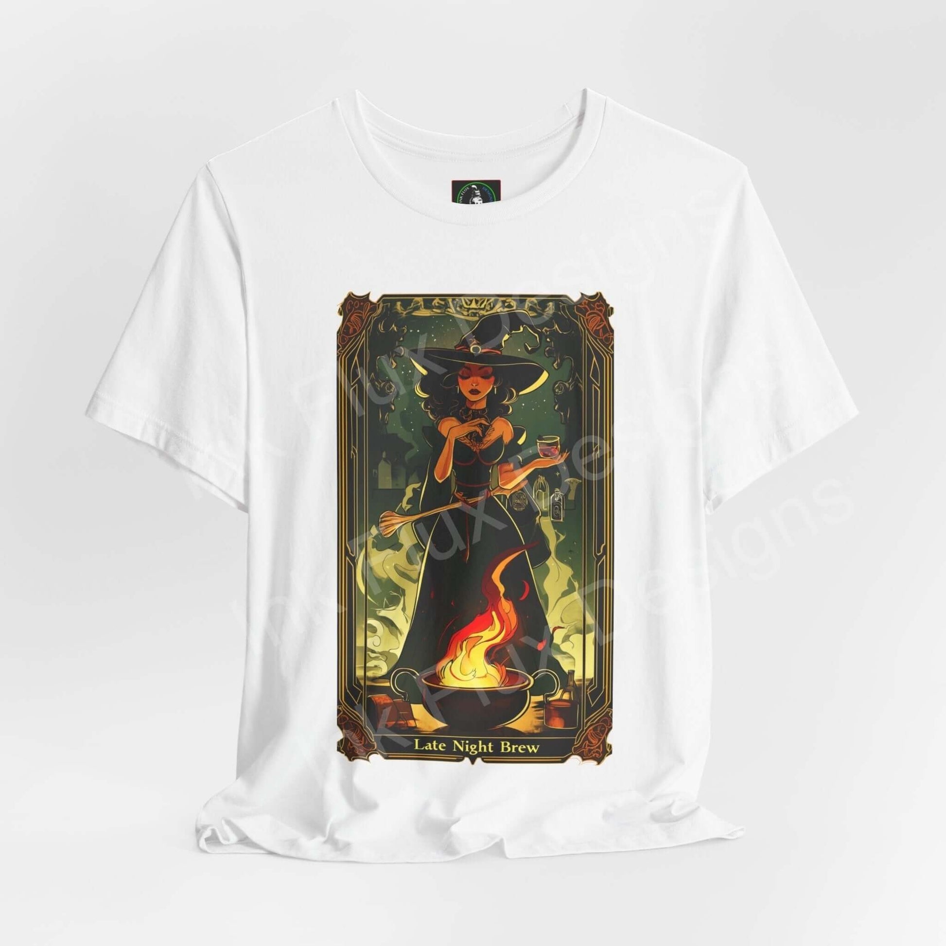 Unisex white jersey T-shirt featuring a graphic of a witch brewing a potion, titled "Late Night Brew," ideal for Halloween-themed graphic tees.