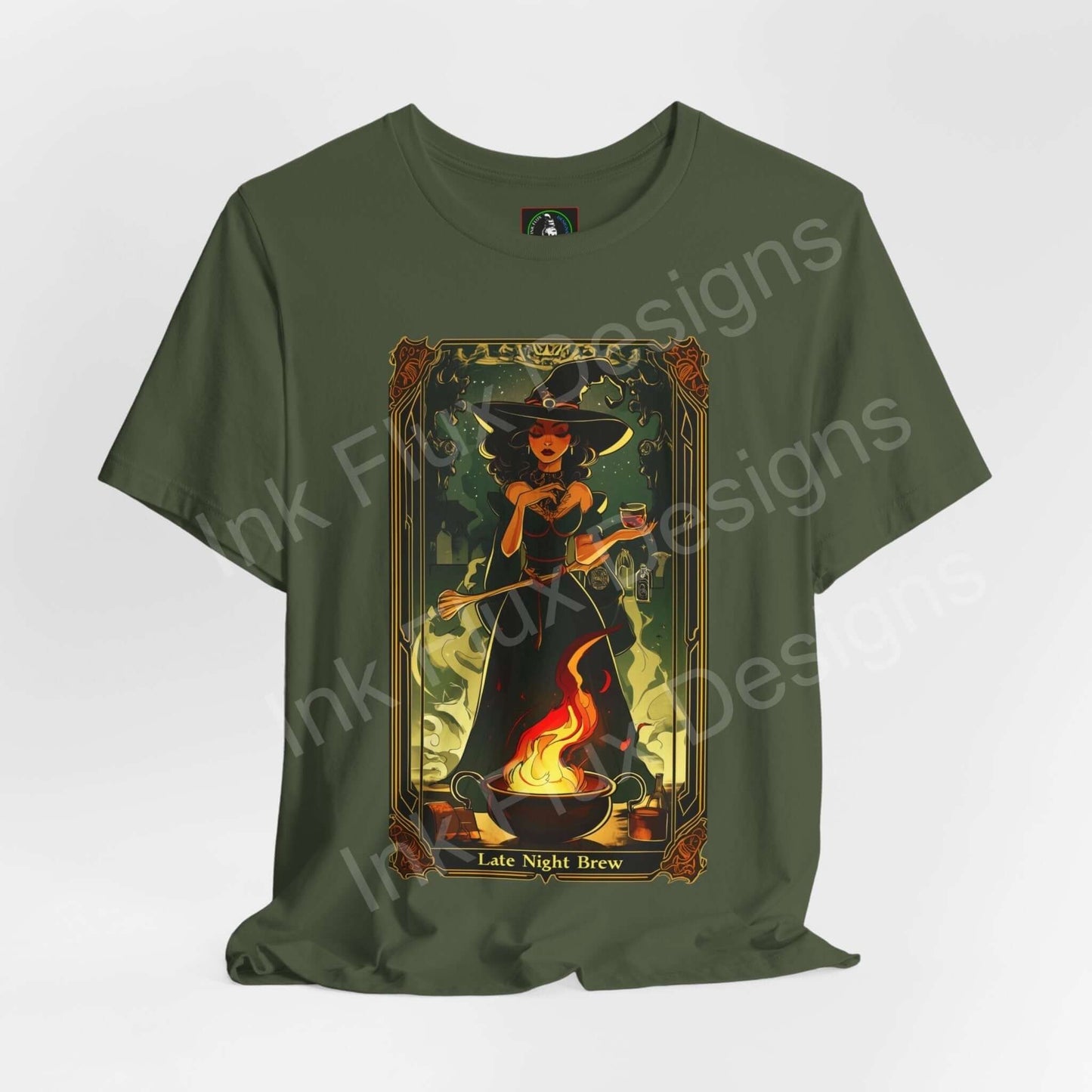 Late Night Brew Halloween themed graphic tee featuring a witch brewing potion design on a green Bella+Canvas T-shirt.