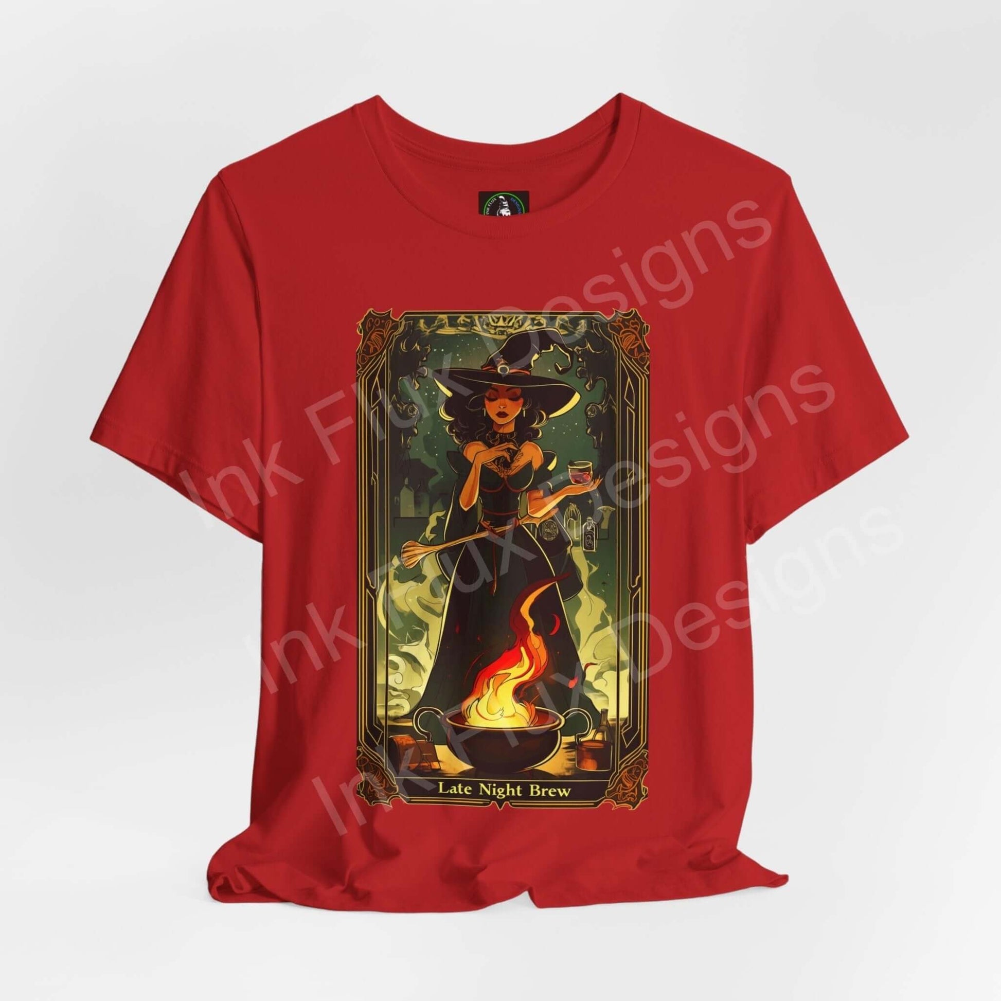 Red "Late Night Brew" Halloween graphic tee featuring a stylized witch brewing a potion, designed for comfort and style, perfect for any occasion.