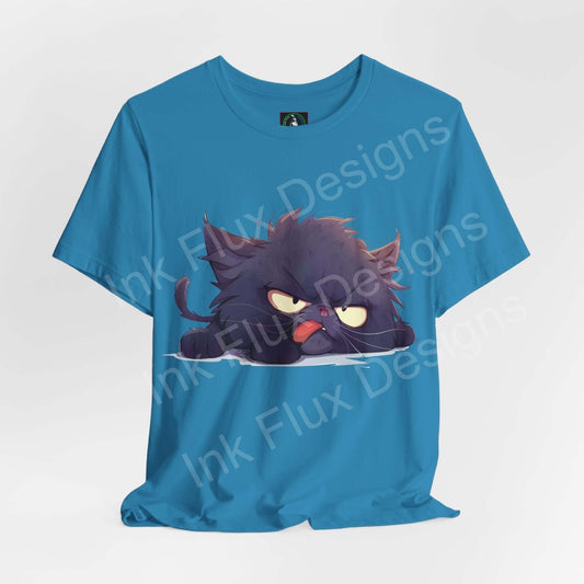 Blue unisex graphic tee featuring a grumpy black cat design, perfect for cat lovers and casual wear.