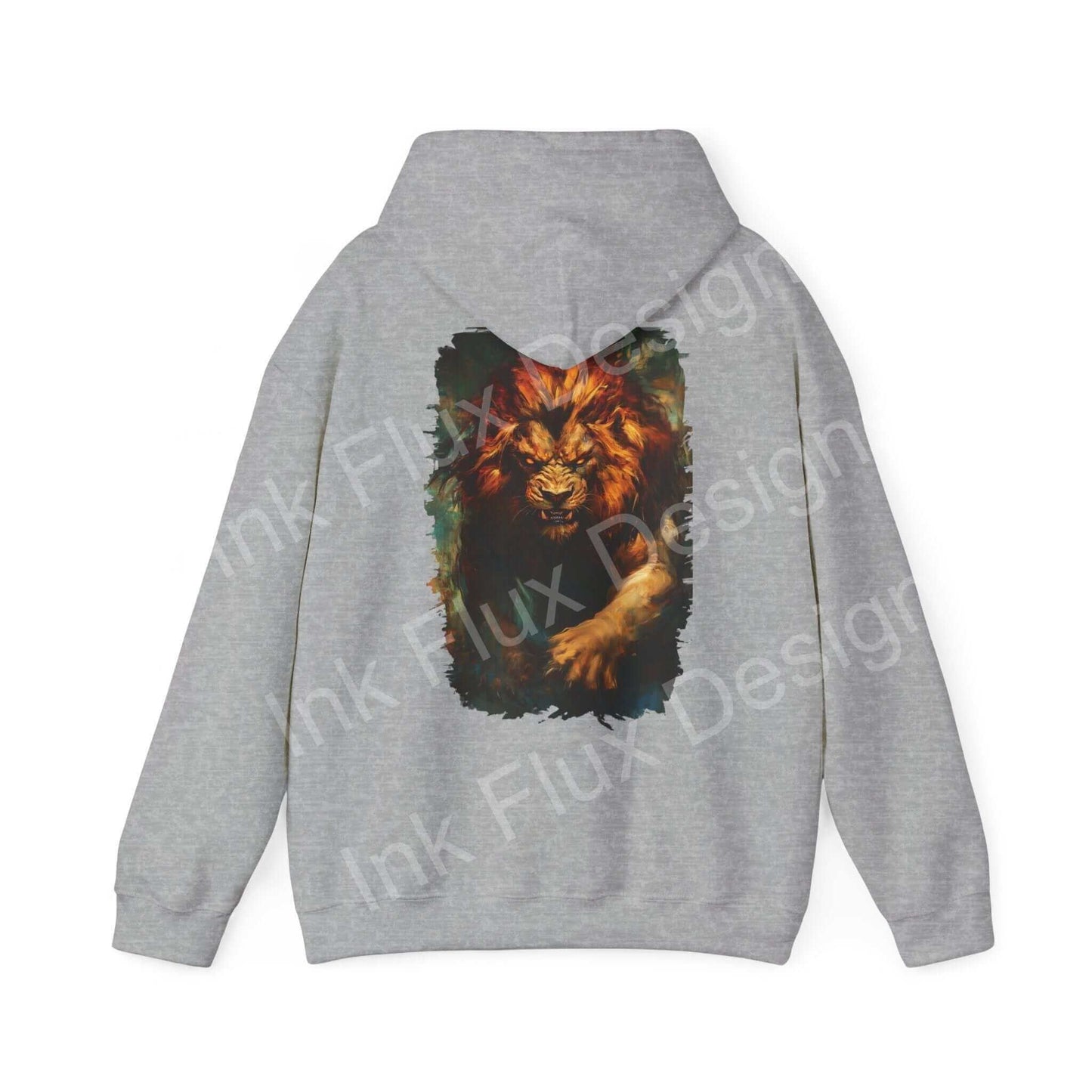 Back view of Lion Fury III Hooded Sweatshirt featuring a bold lion graphic on gray fabric, ideal for graphic hoodies enthusiasts.