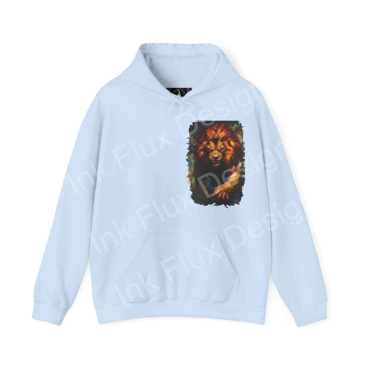 Light blue Lion Fury III hooded sweatshirt featuring a bold lion design, ideal for graphic hoodie enthusiasts seeking comfort and style.