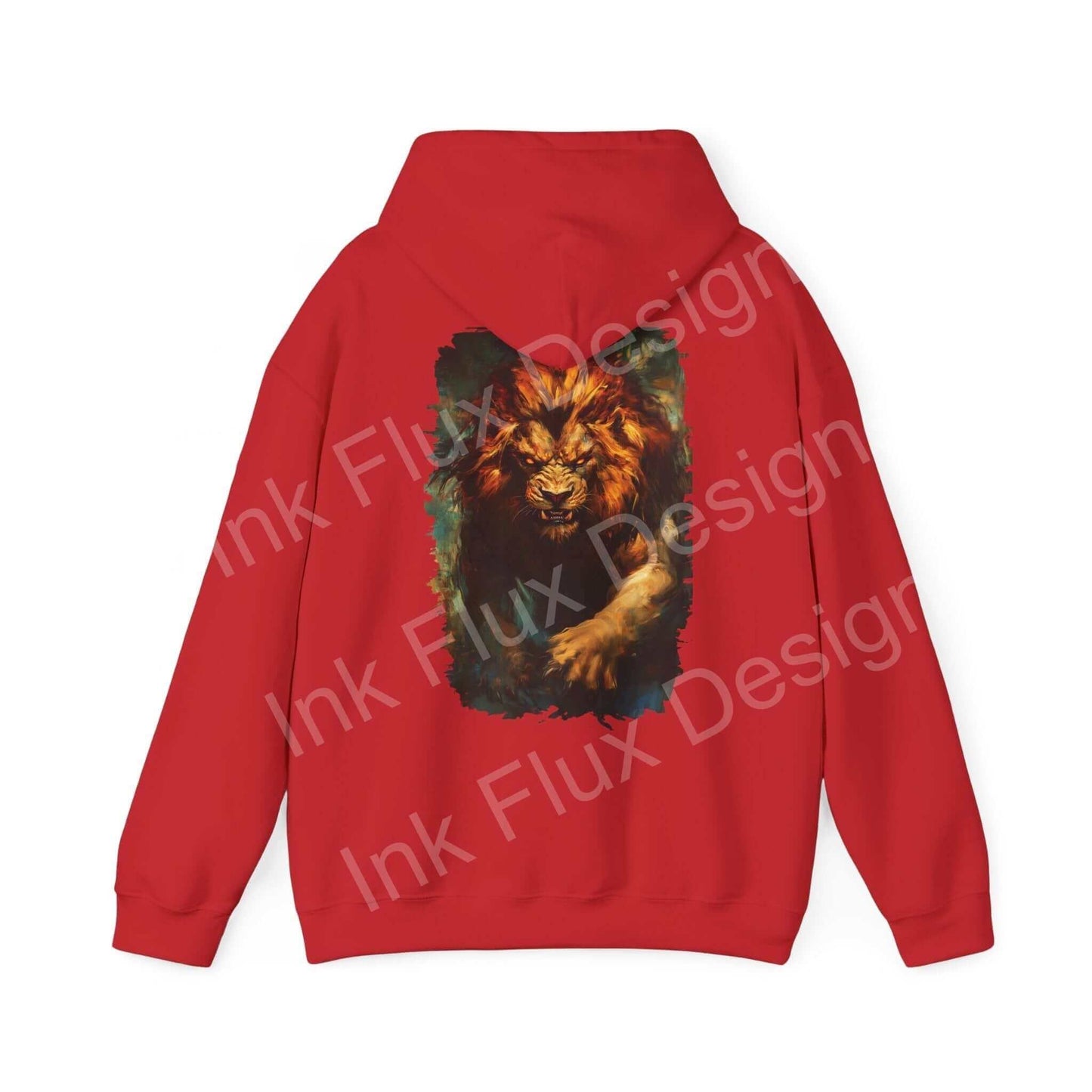 Red unisex hoodie with bold graphic of a lion's face on the back, titled Lion Fury III, ideal for style and warmth.
