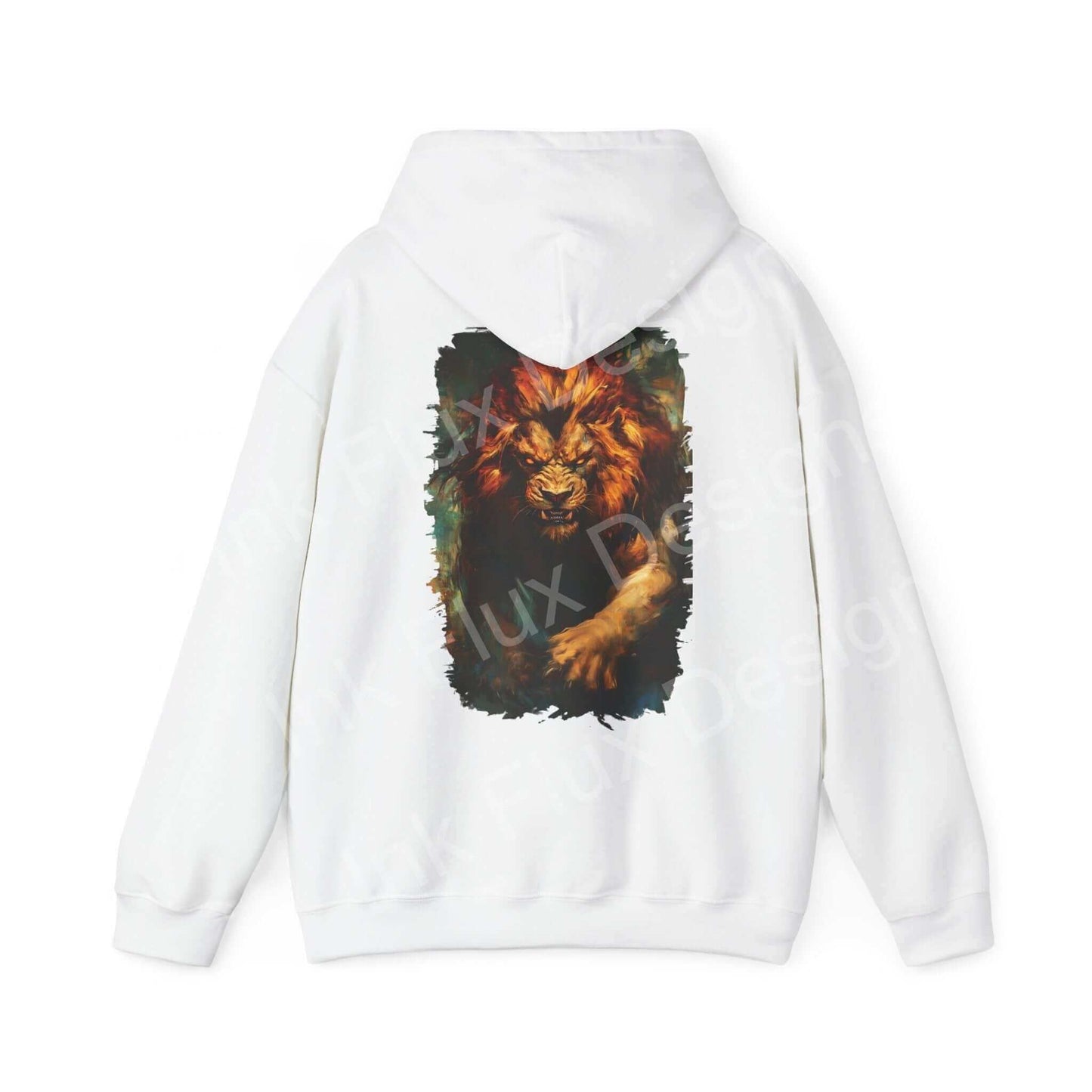 White hooded sweatshirt from the "Lion Fury III" collection featuring a bold, graphic lion design on the back, ideal for graphic hoodie enthusiasts.