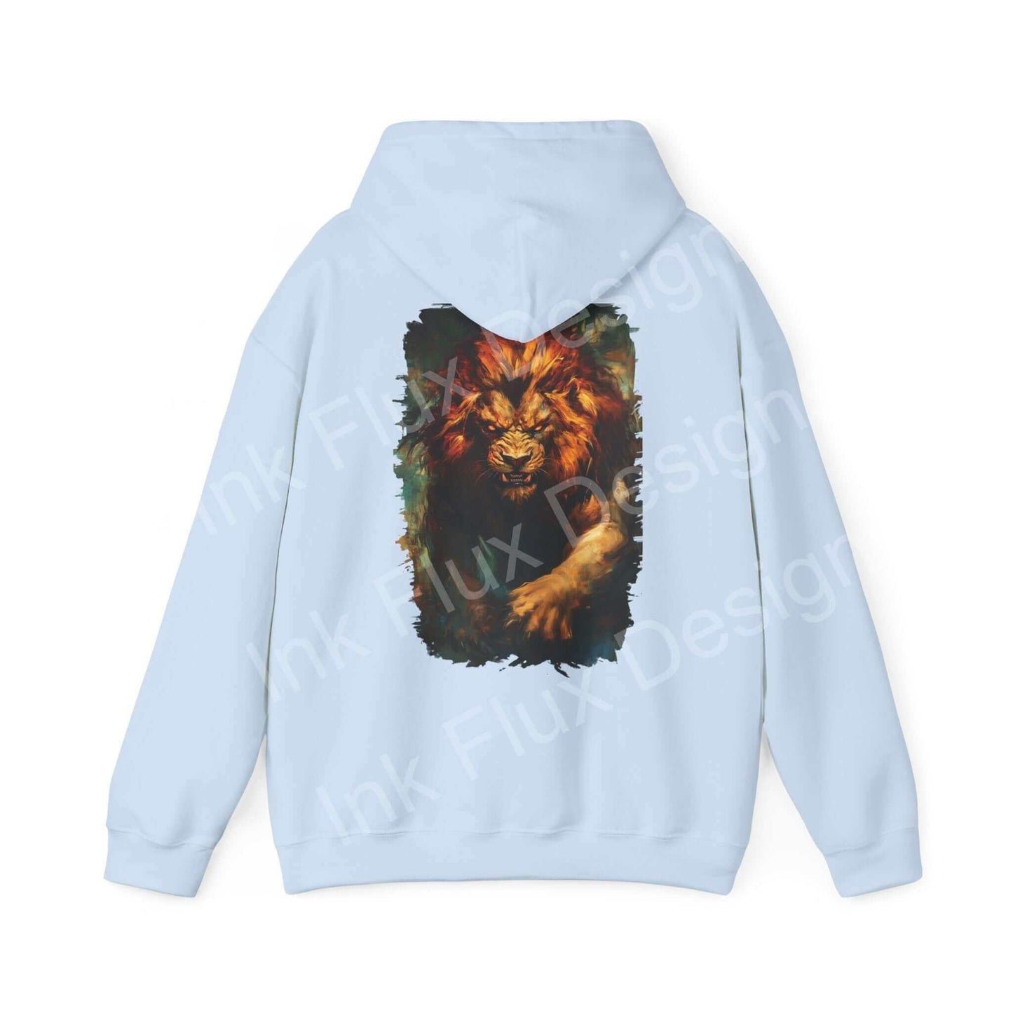 Back view of light blue unisex hoodie featuring a bold graphic of a lion's face, Lion Fury III Hooded Sweatshirt.