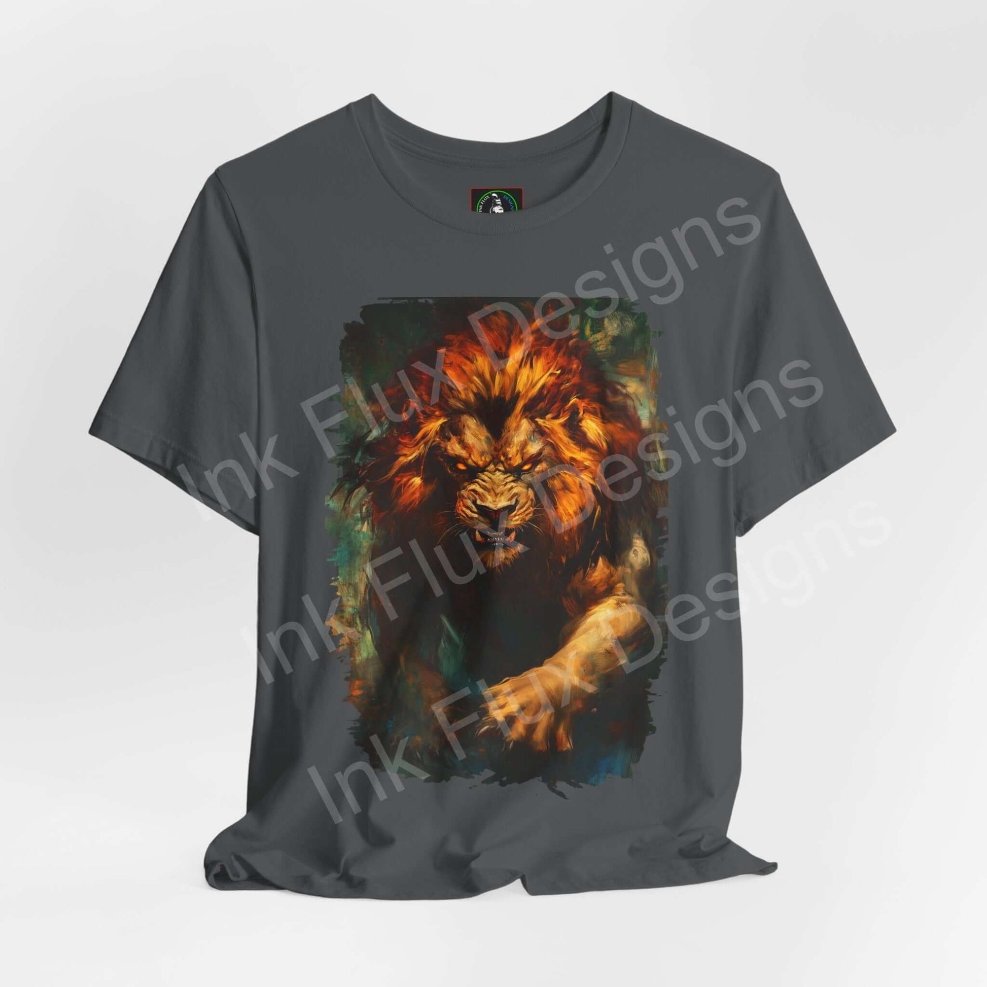 Unisex charcoal gray T-shirt featuring a vibrant Lion Fury III graphic, ideal for lovers of spirit animals and graphic tees.