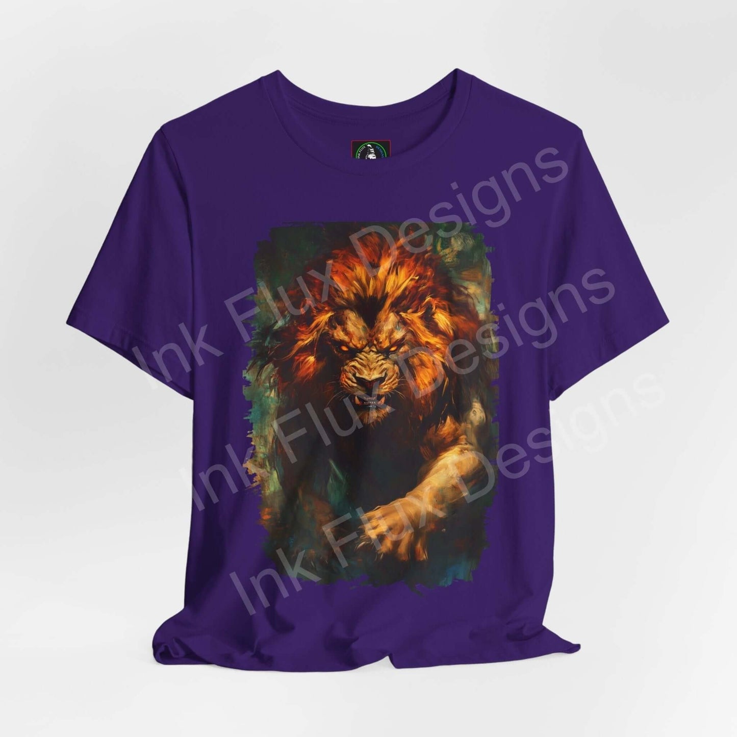 Unisex purple T-shirt featuring a vibrant graphic of a roaring lion, showcasing spirit animal themed artwork, ideal for style and comfort.