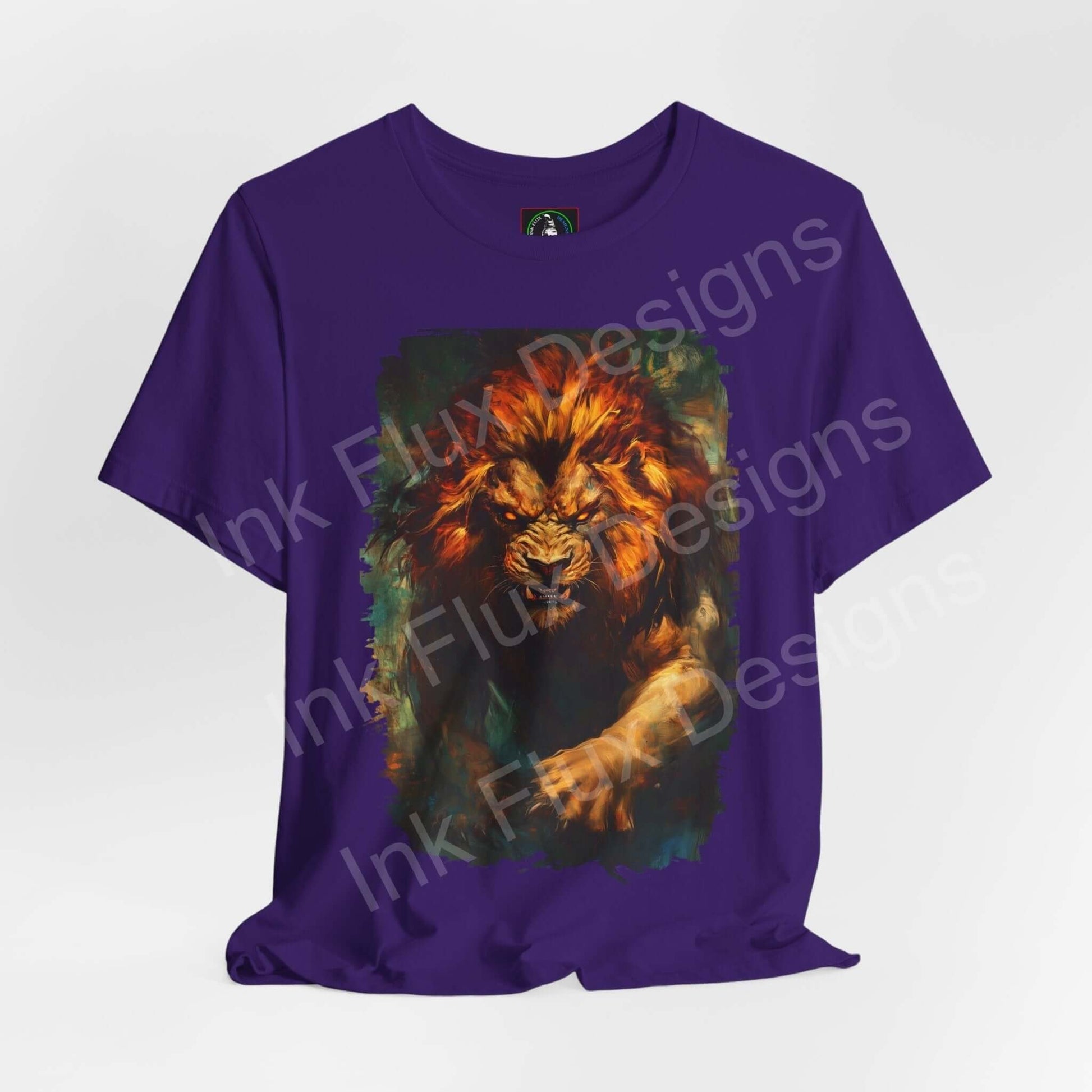Unisex purple T-shirt featuring a vibrant graphic of a roaring lion, showcasing spirit animal themed artwork, ideal for style and comfort.