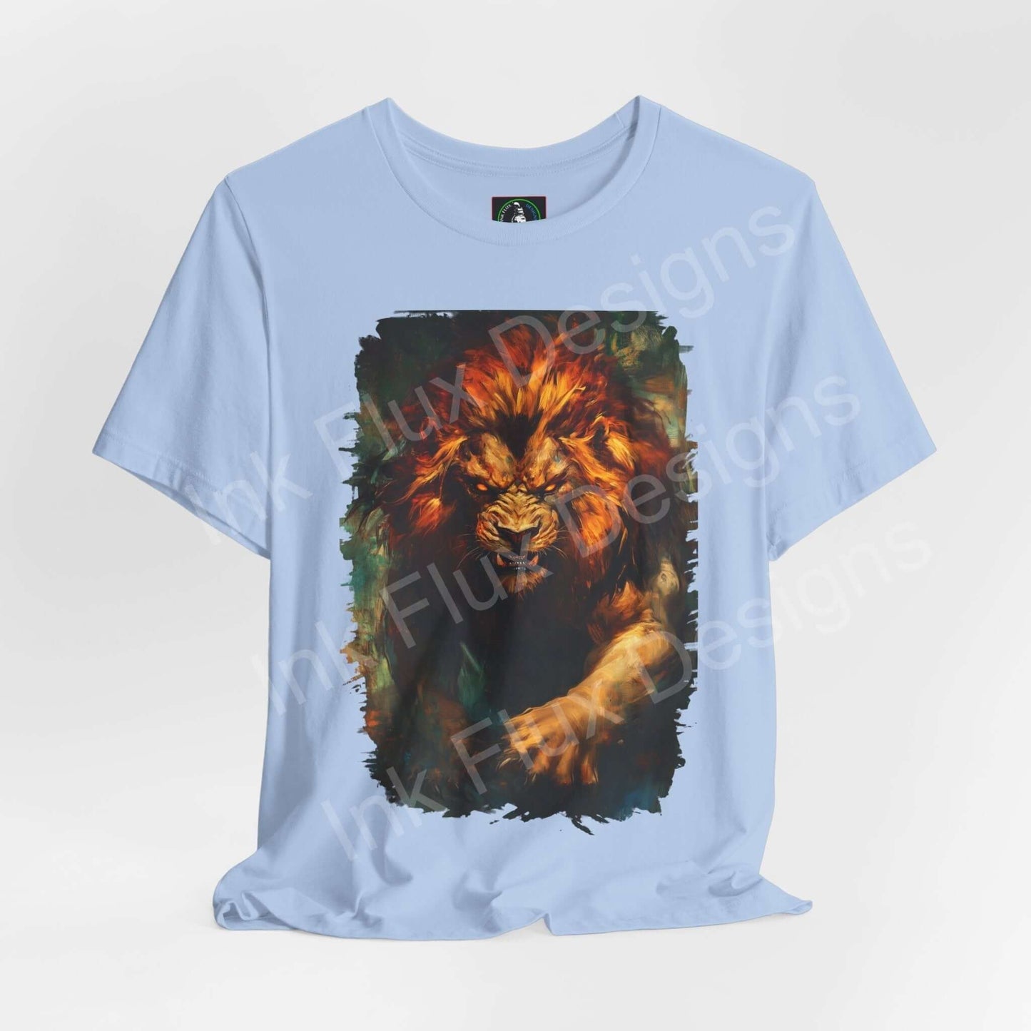 Light blue unisex T-shirt featuring vibrant Lion Fury III graphic, perfect for fans of spirit animals and stylish graphic tees.