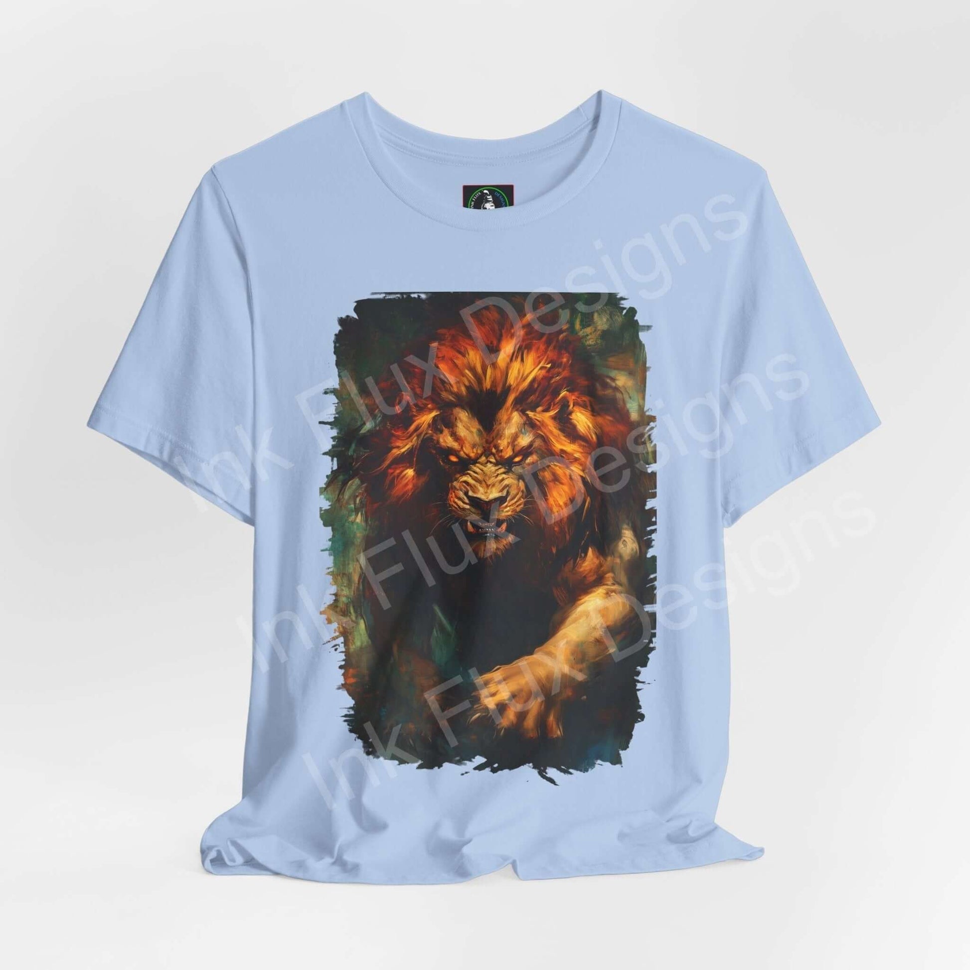 Light blue unisex T-shirt featuring vibrant Lion Fury III graphic, perfect for fans of spirit animals and stylish graphic tees.